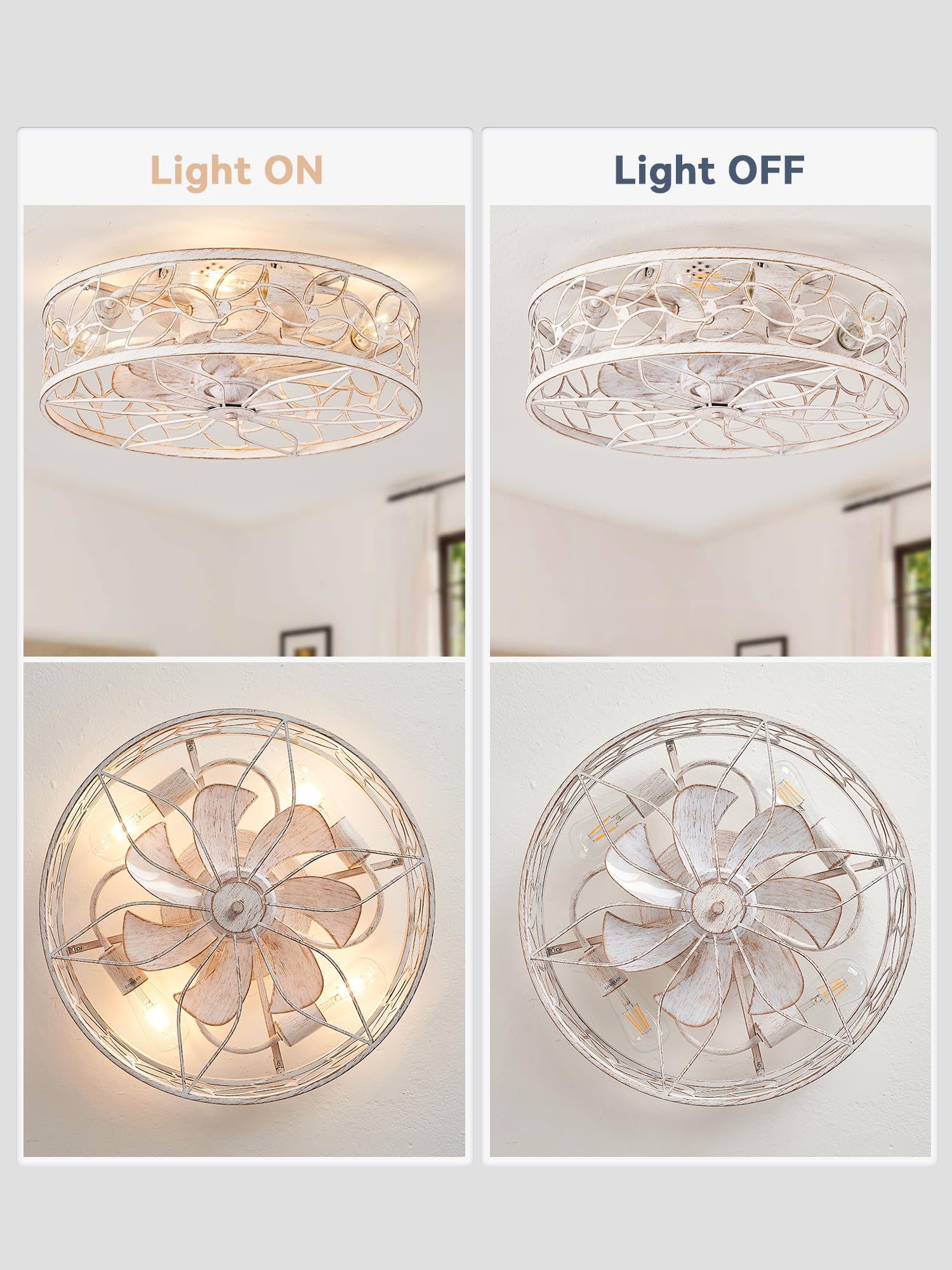 Caged Ceiling Fans with Lights, Farmhouse Flush Mount Ceiling Fan with Remote, Low Profile Ceiling Fan Light Fixture for Bedroom, Kitchen, Dining Room