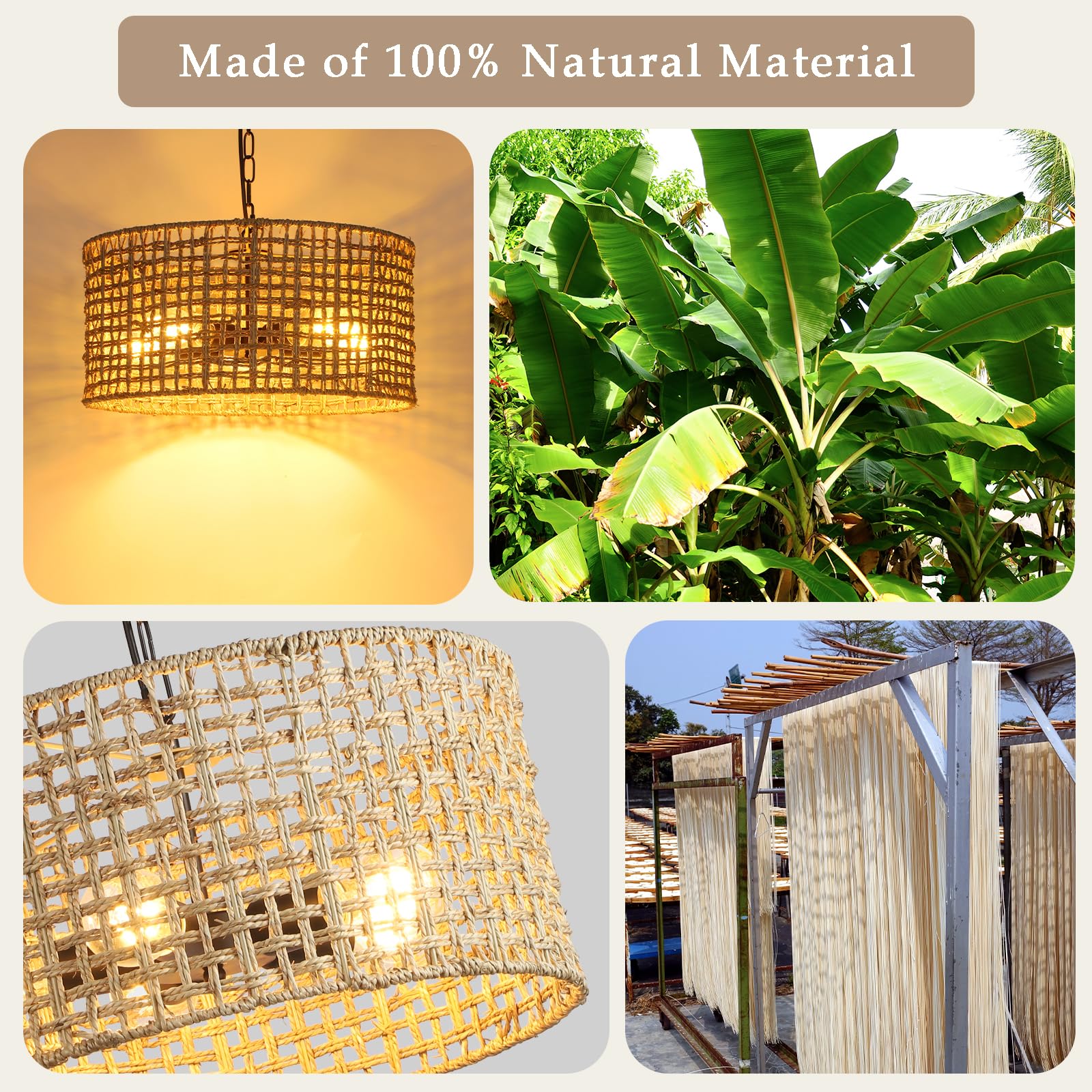 17.7" Rattan Dining Room Light fixtures, 5-Light Hand Woven Pendant Lights Kitchen Island Rattan Boho Chandelier Bohemian Hanging Ceiling Lights Wicker Lighting for Restaurants Living Room 