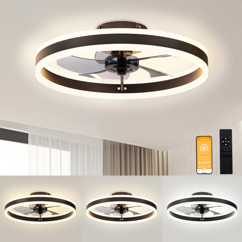 Low Profile Ceiling Fans with Lights and Remote, Flush Mount Ceiling Fans with Light, 3000K-6500K Dimmable Fandelier LED Fan Light, White Bladeless Ceiling Fans with Lights for Bedroom 
