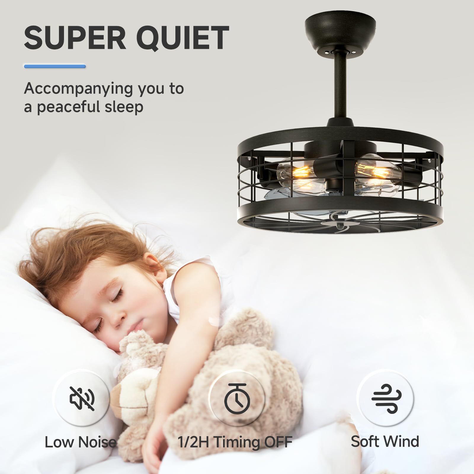 Caged Ceiling Fan with Light,16.5in Black Fandelier Ceiling Fan with Light and Remote,Farmhouse Bladeless Ceiling Fan Lights Fixtures for Kitchen,Bedroom