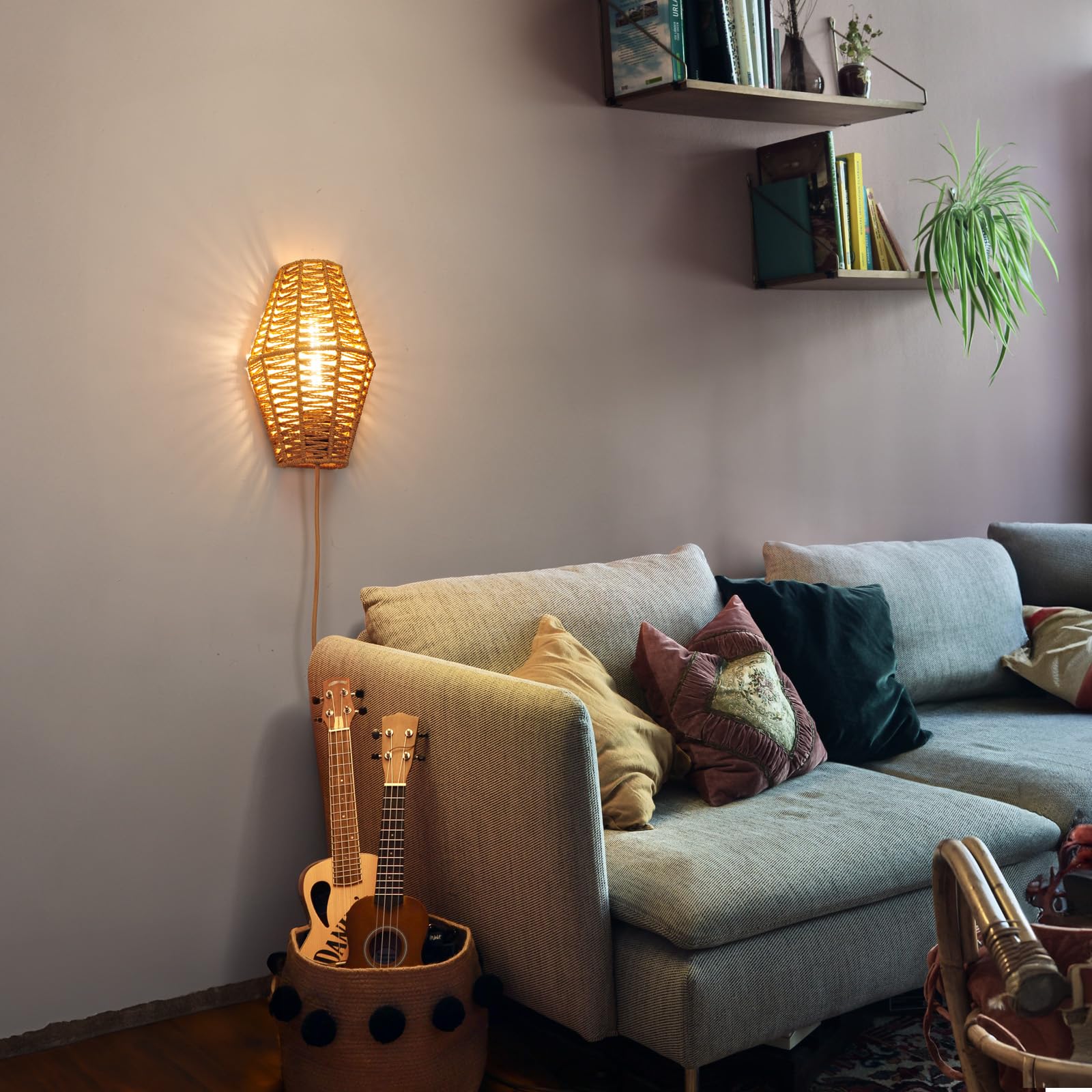 Plug-in Wall Sconce Handwoven Bohemian Wall Decor with Switch and Bulb, Wall Lights Fixtures for Bedroom Living Room Hallway Porch 