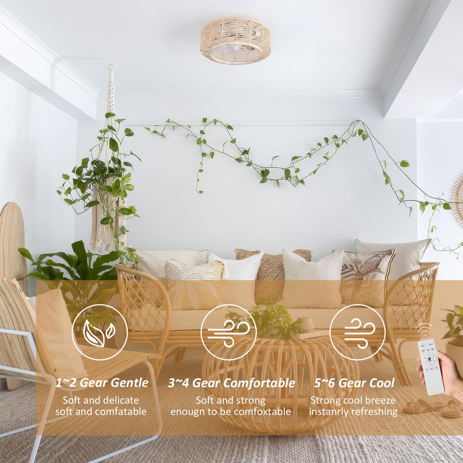 20 Inch Boho Rattan Ceiling Fan with Light,Flush Mount Ceiling Fan with Light and Remote Control,Enclosed 6-Speed Reversible Motor for Bedroom, Kitchen, Dining Room 