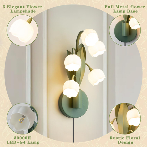  Vintage Plug in Wall Sconce, Cute Lily of Valley Wall Lamp 3 Color Temperatures Flower Wall Light Fixture with On/Off Switch for Hallway Bedroom Living Room Office Home Decor 