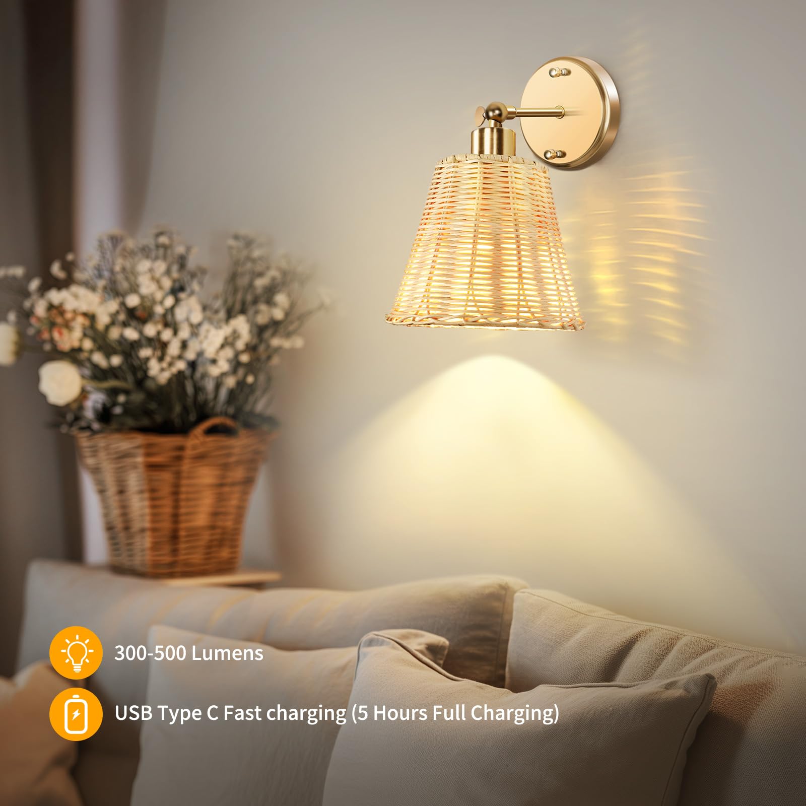 Rattan Rechargeable Battery Operated Wall Sconces Set of Two with Remote, 3 Colors Dimmable Wireless Wall Light, 5200mAh Indoor Wall Lamp with 4 Timer, Boho Sconces Wall Lighting for Bedroo