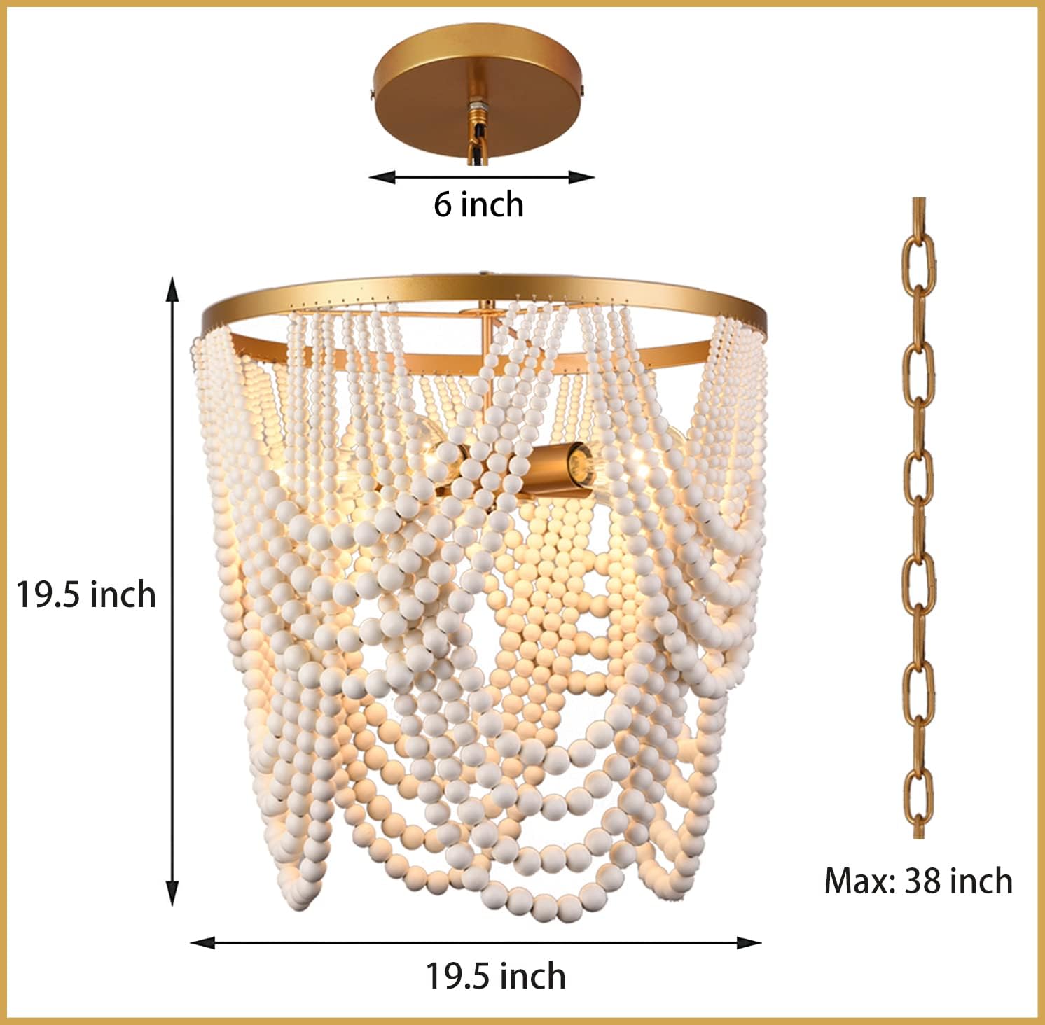 Bohemia Wood Beaded Chandelier Boho Chandelier Gold and Oak Finish Beaded Light Fixture for Dining Living Room,Bedroom, Nursery Room, Girl Room, Hallway, Entryway, Passway, 5-Light 