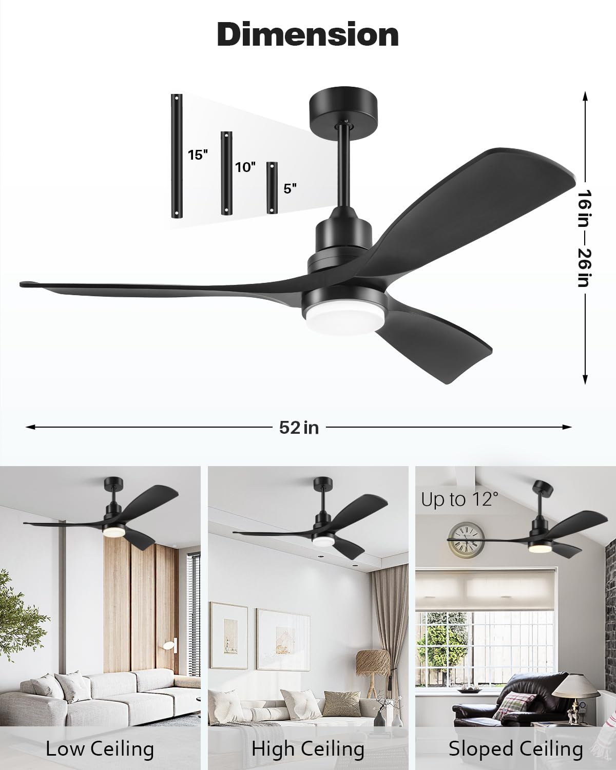 Ceiling Fan with Lights Remote Control, Black Ceiling Fans with 3 Downrods, 3 Blades, Timer, 6 Speed Modern Fan Quiet Reversible DC Motor for Patio Bedroom Outdoor/Indoor 