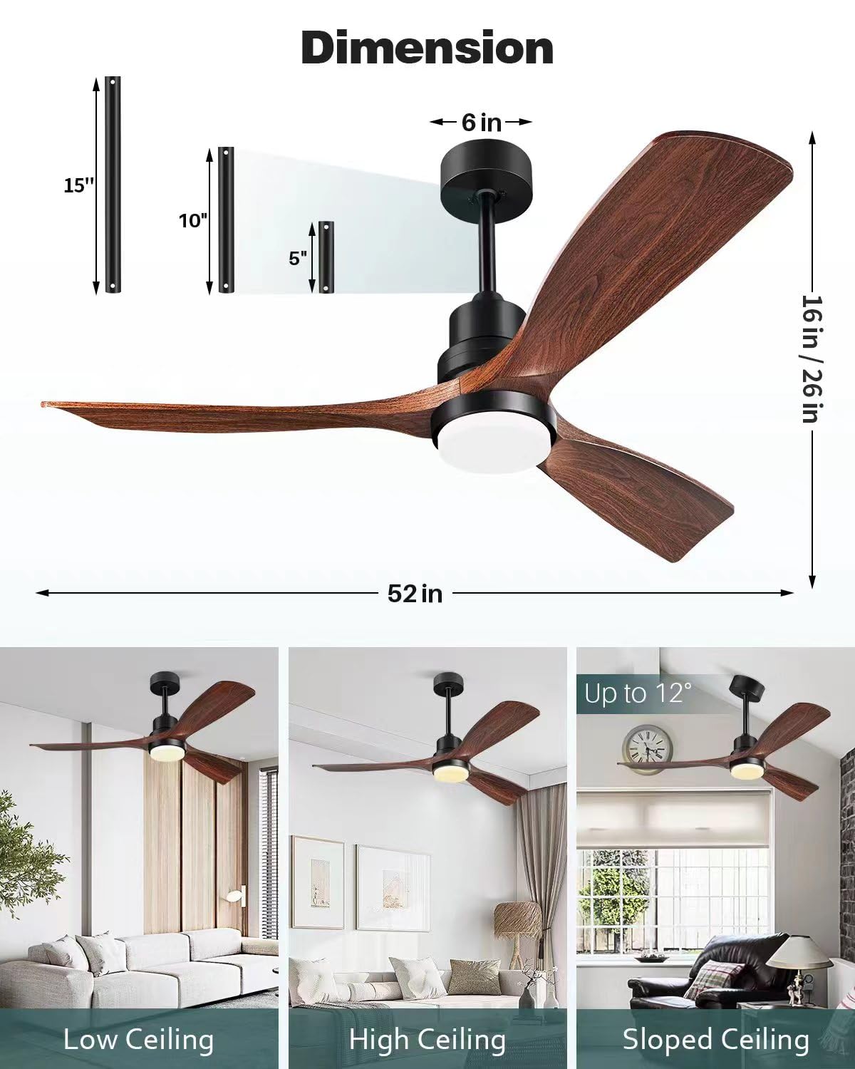 Ceiling Fans with Lights and Remote, Outdoor Ceiling Fan for Patios with Light 3 Downrods, 3 Blades Modern Ceiling Fan Noiseless Reversible DC Motor, Wood Fan for Farmhouse 