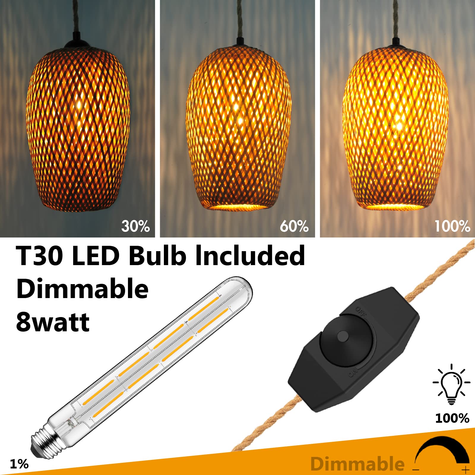 Plug in Pendant Light Handwoven Bamboo Pendant Lamp Boho Modern Wicker Hanging Lights Rustic Country Natural Basket Hanging Lamp for Kitchen Study Bedroom Cafe