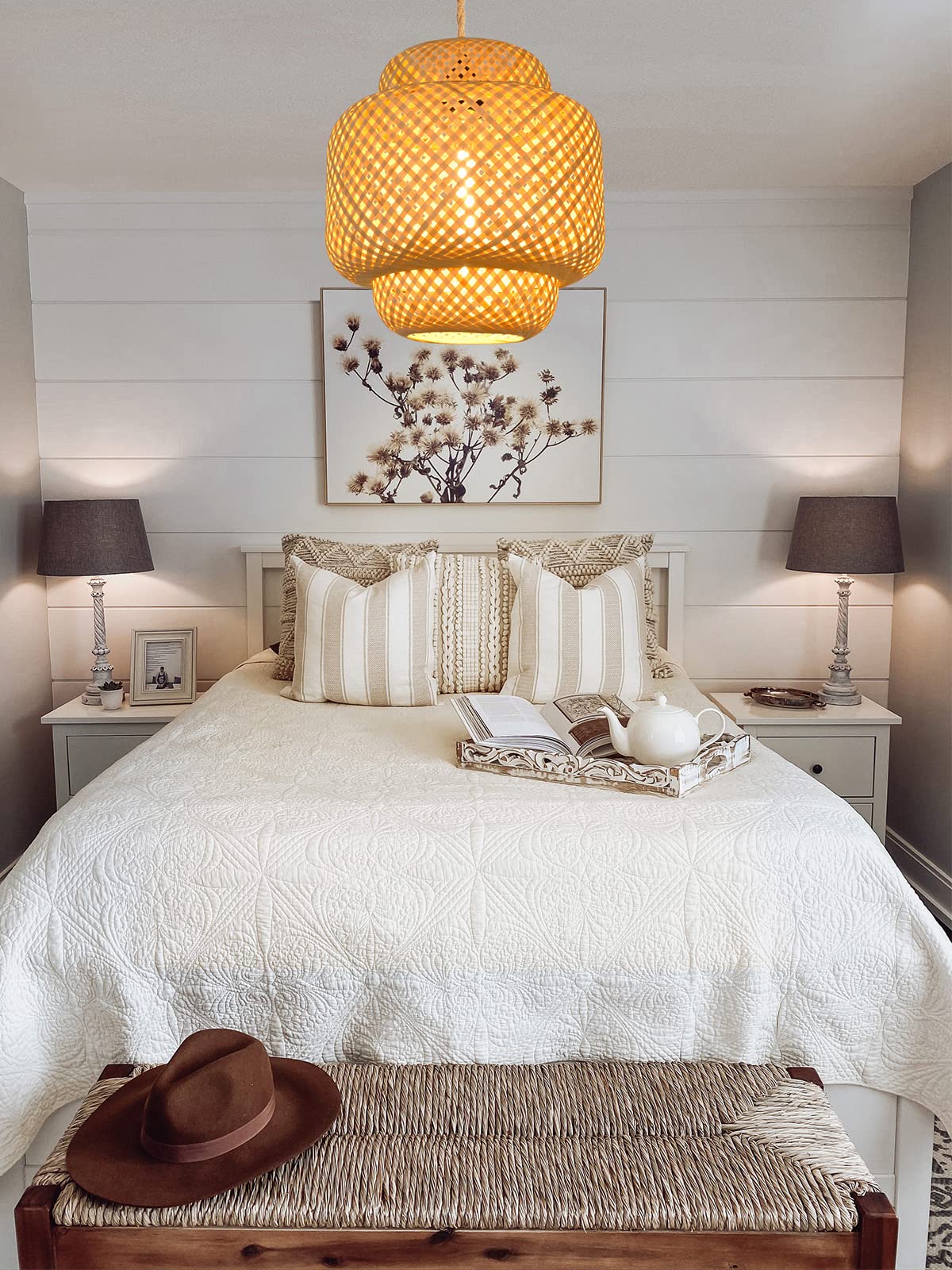 Plug in Pendant Light Hanging Lamp with Handmade Bamboo Lampshade Dimmer Switch Boho Modern Rustic Country Natural Basket Hanging Light with Plug in Cord 