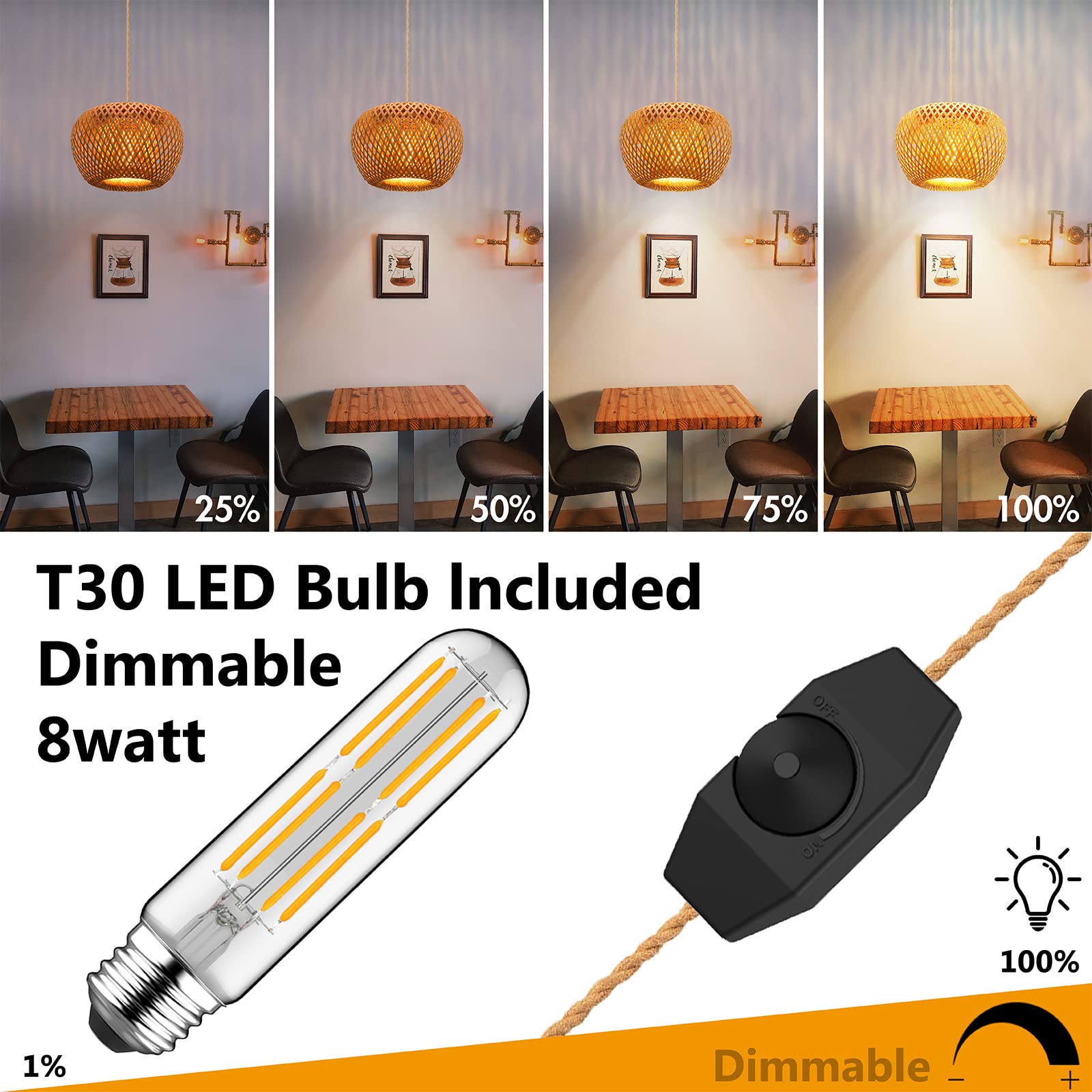 Plug in Pendant Light Fixture with Hand Woven Bamboo Lamp Shade Dimmer Switch Hanging Lights with Plug in Cord Boho Wicker Rattan Hanging Lamp for Living Dinning Room Bedroom Kitchen Island 
