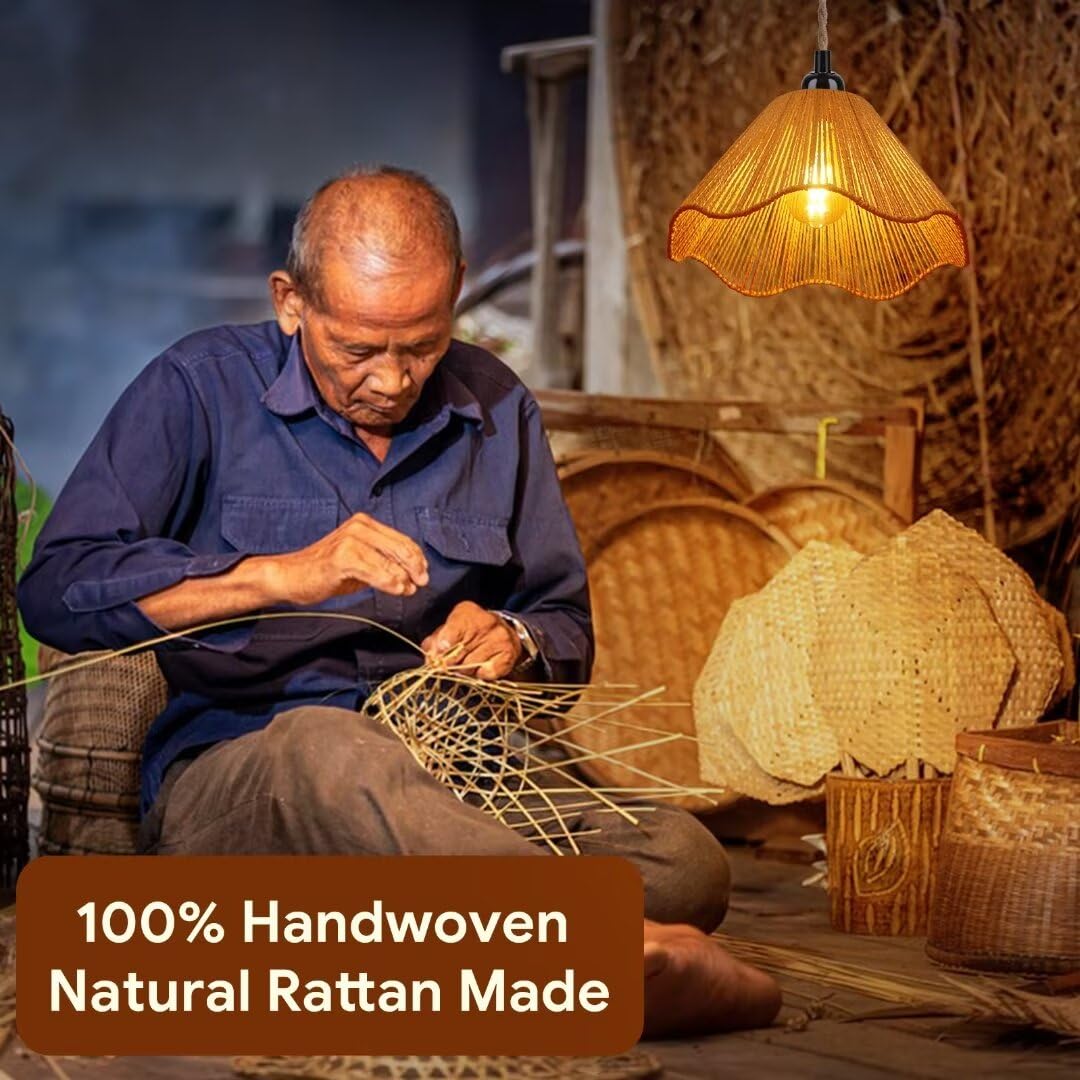 Plug in Pendant Light, Rattan Hanging Lights with Plug in Cord 15FT Cord On/Off Switch Vintage Hanging Lamp, Hand Woven Boho Chandelier for Bedroom, Living Room, Kitchen
