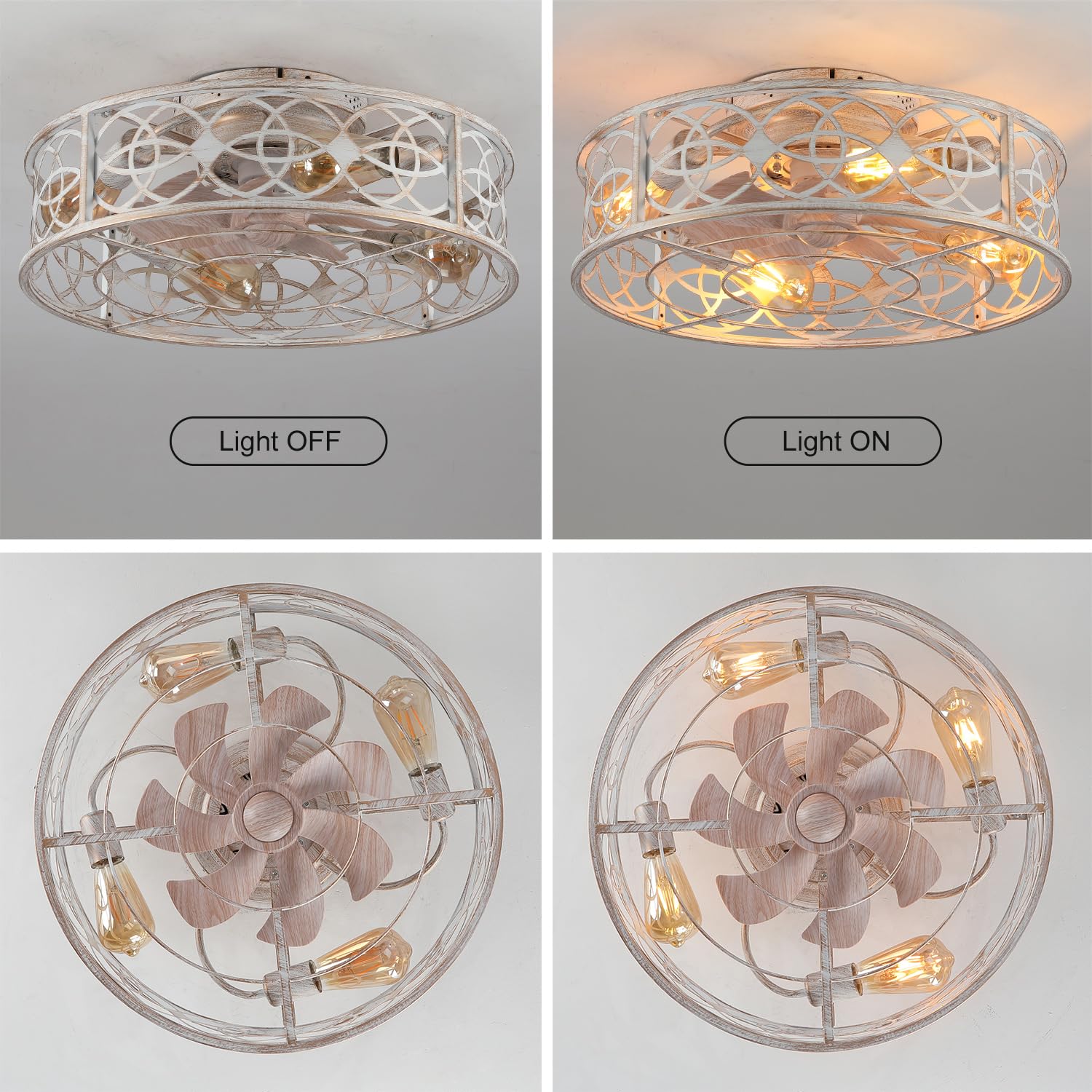 20"Caged Ceiling Fans with Lights Remote Control Industrial Low Profile Flush Mount Ceiling Fan,Farmhouse Bladeless Small Ceiling Fan with Light 4 Bulbs 6 Speed Reversible for Kitchen,Bedroom 