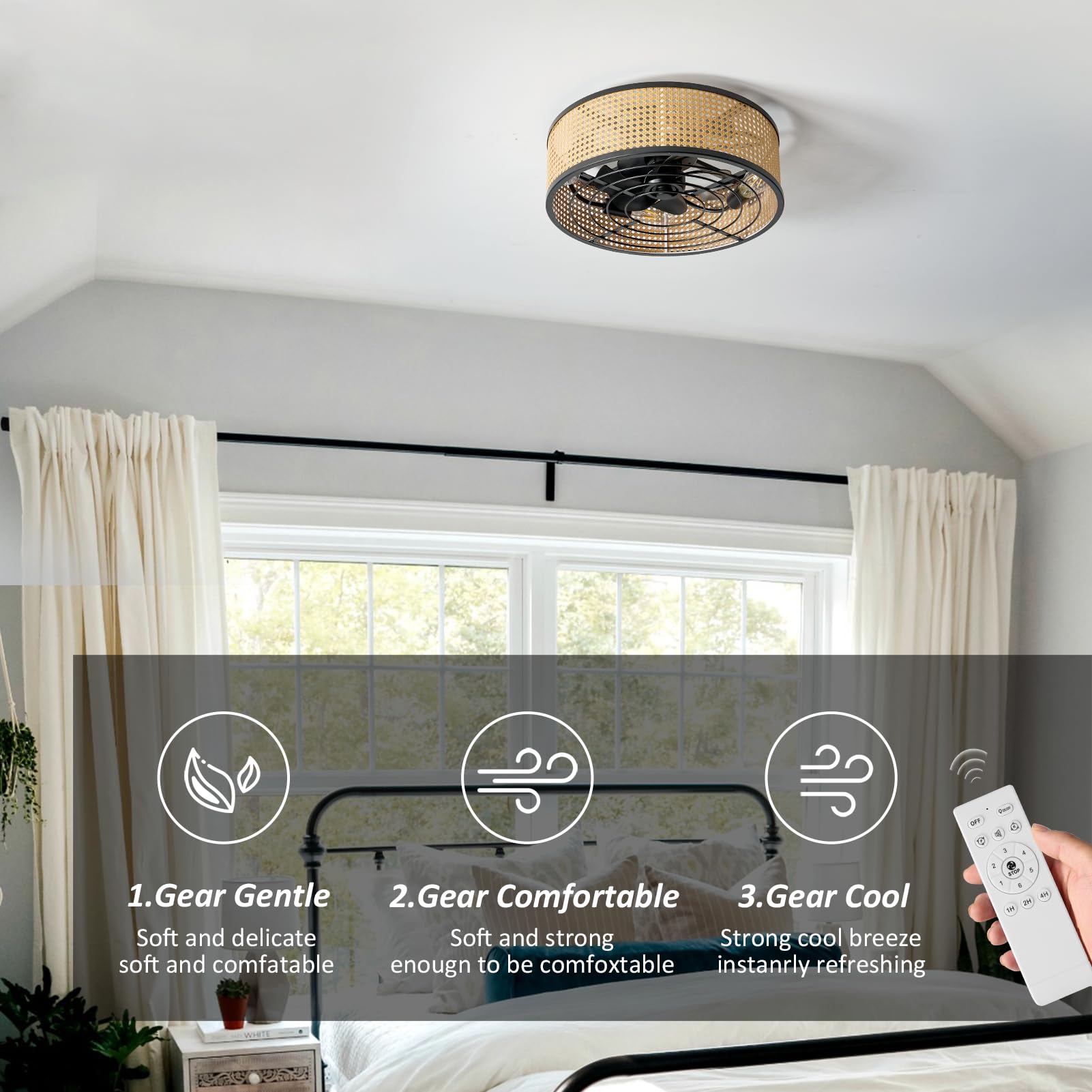 Rattan Boho Ceiling Fan with Light Flush Mount, 20 Inch Caged Ceiling Fans with Light and Remote Control, Low Profile Enclosed 6 Speeds for Bedroom Kitchen Living Room 