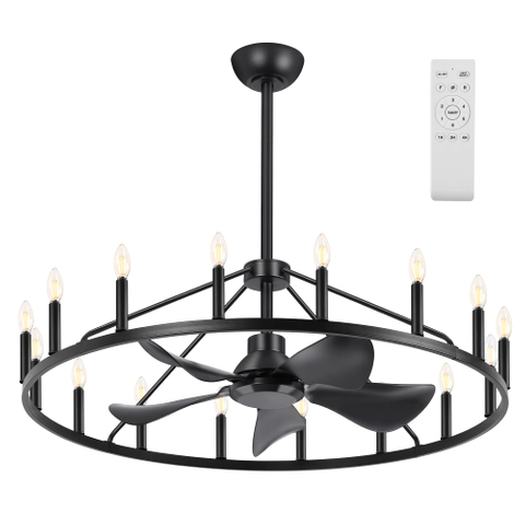 43" Wagon Wheel Ceiling Fan with 16-Lights, Adjustable Height Farmhouse Fandelier Chandelier for Living Room, E12 Bulb Compatible, Perfect for Summer Cooling and Winter Air Circulation 