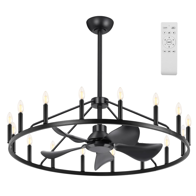 43" Wagon Wheel Ceiling Fan with 16-Lights, Adjustable Height Farmhouse Fandelier Chandelier for Living Room, E12 Bulb Compatible, Perfect for Summer Cooling and Winter Air Circulation 