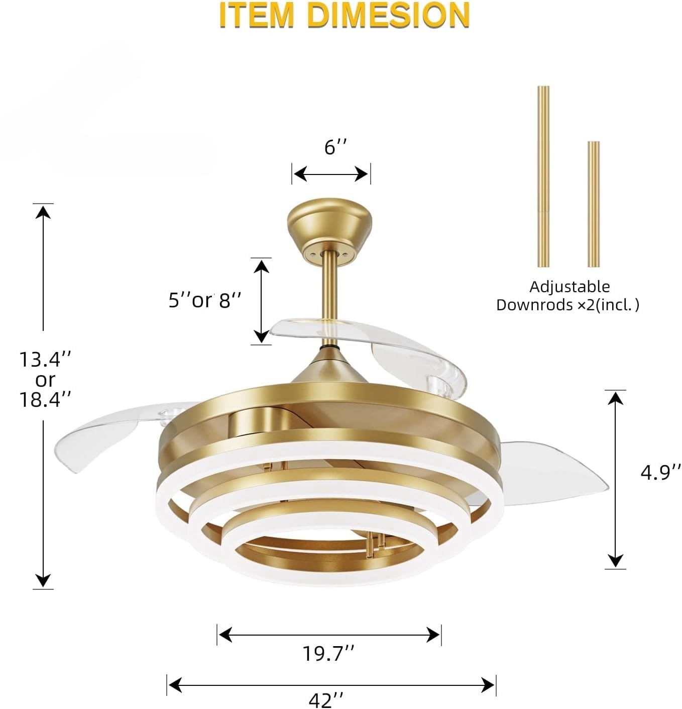 Retractable Ceiling Fan, 42 Inch Chandelier Ceiling Fan with Light, Modern Fandelier Ceiling Fan for Bedroom Living Room Dinning Room, Reverse Motor, 3 Color, 6 Wind Speed
