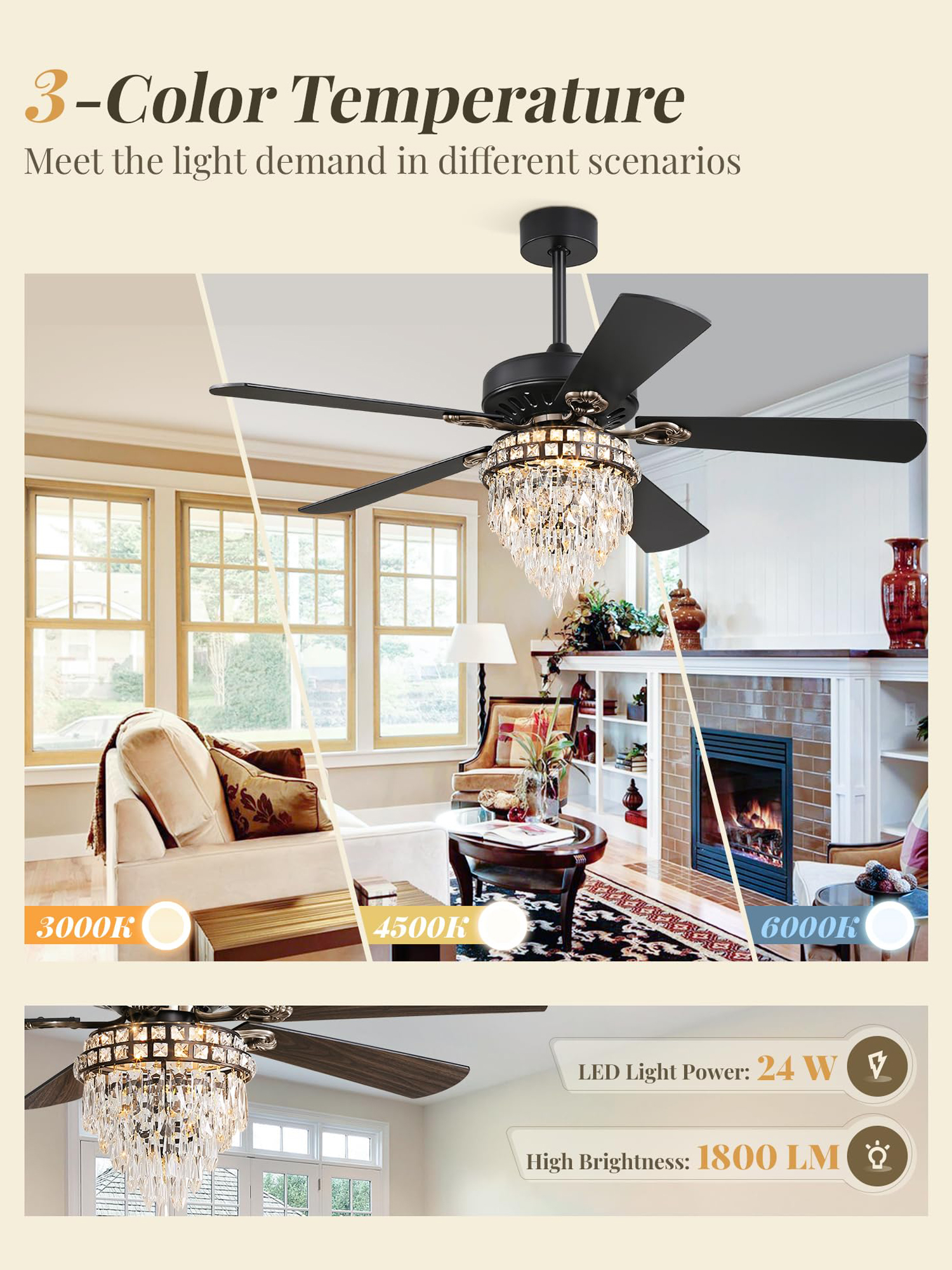 52 Inch Farmhouse Fandelier Ceiling Fan with Light, Crystal Ceiling Fan Chandelier with 6 Speeds, Quiet Reversible Noiseless DC Motor, 3CCT, Indoor Ceiling Fan for Living Room Bedroom 