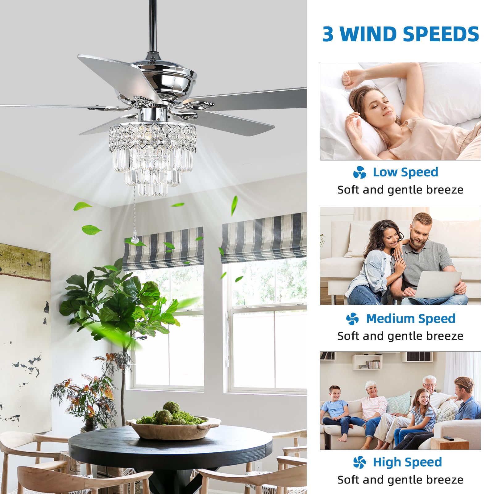 52″ Crystal Ceiling Fan with Lights and Remote Control, Modern Chandelier Fan with Dual Finish Reversible Blades, Quiet Indoor Fanderlier for Living Room, Dining Room, Bedroom