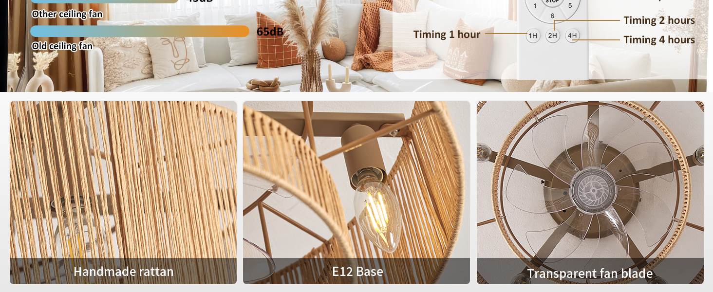 20 Inch Boho Caged Ceiling Fans with Lights Flush Mount, Layered Rattan Ceiling Fan with Light Remote Control with Reversible 6 Speeds for Bedroom, Nursery, Living Room, E12 Base, Indoor (16)