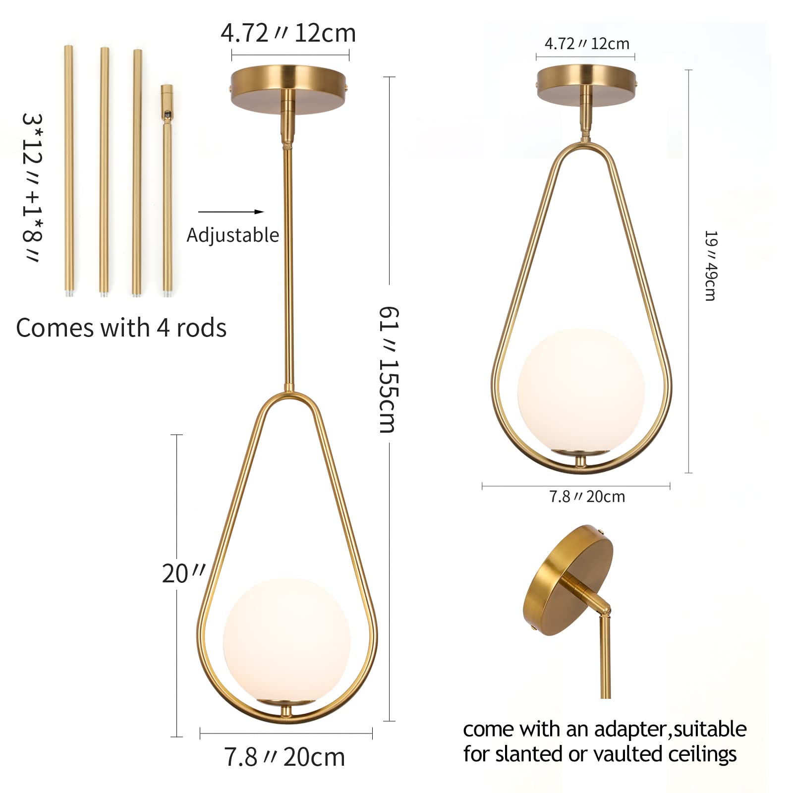 Gold Pendant Lighting Brass Finished Modern Style Kitchen Island Lighting,One Light Glass Globe Pendant Light for Indoor Hanging Light Fixture,Adjustable Length Lamp for Dinning Room Bedroom 
