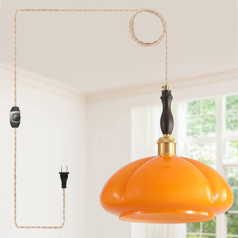 Glass Antique Gold Plug in Pendant Light Fixture with 14ft Handmade Woven Light Cord, Dimmable Switch, Vintage Orange Glass Round Brass Hanging Lamp for Kitchen Island Farmhouse Dining Room 