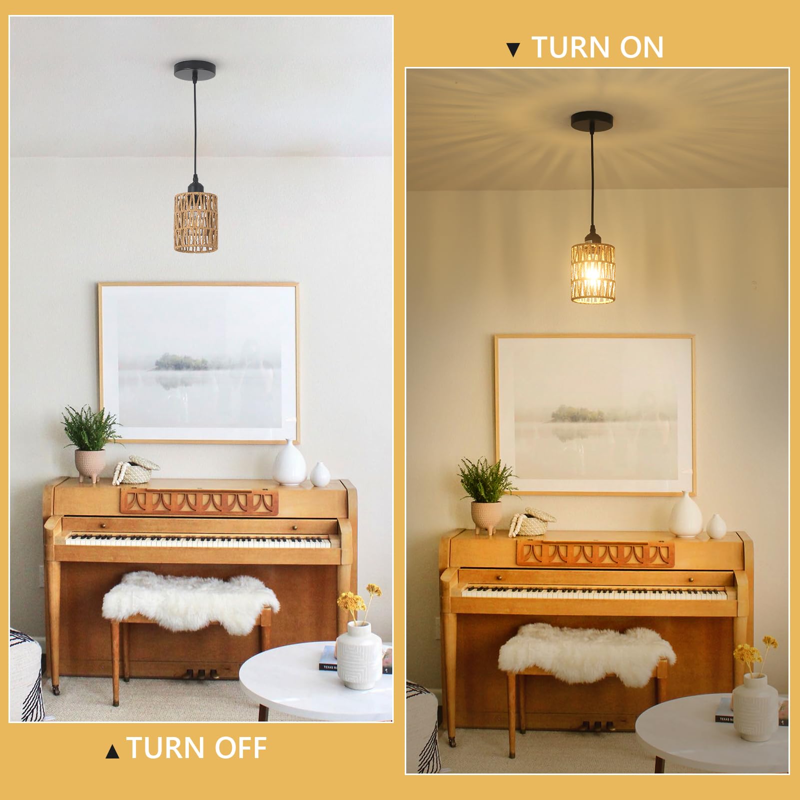 Rattan Pendant Lights Kitchen Island, Farmhouse Pendant Lighting with Hand Woven Wicker Shade, Boho Chandelier Light Fixtures Ceiling Hanging for Dining Room Bedroom Foyer Hallway 