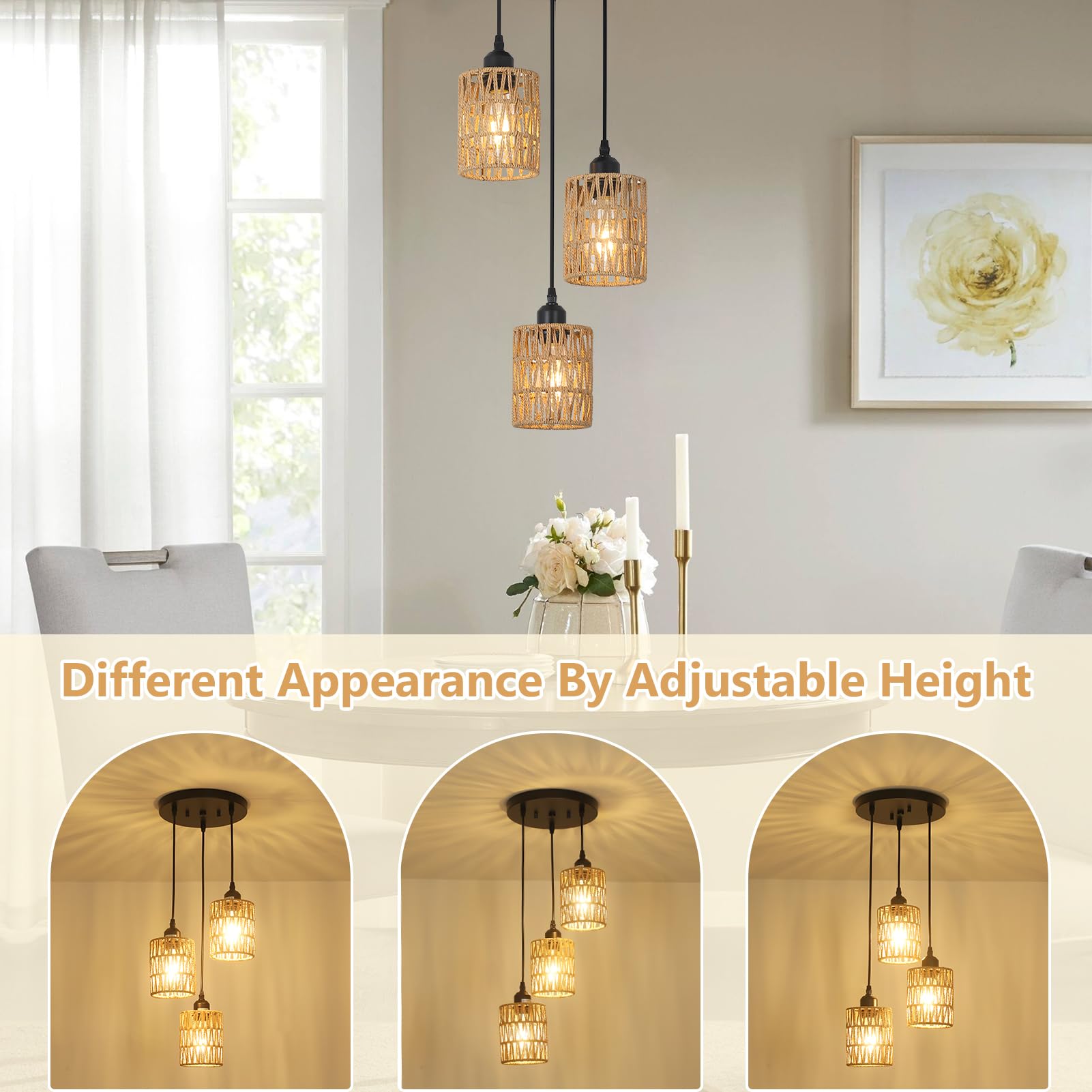 3 Lights Rattan Pendant Light, Farmhouse Dining Room Light Fixtures Ceiling Hanging, Boho Pendant Lighting with Hand Woven Wicker Shades for Kitchen Island Living Room Bedroom Foyer Hallway 