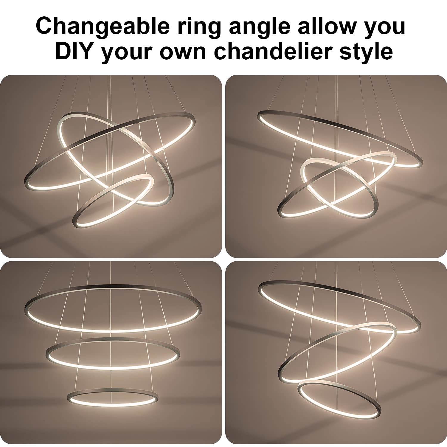 3-Rings Modern LED Chandelier Silver Pendant Lighting Circular Flush Mount High Ceiling Light for Living Dining Room Bedroom Foyer 4000K Ø80cm+Ø60cm+Ø40cm
