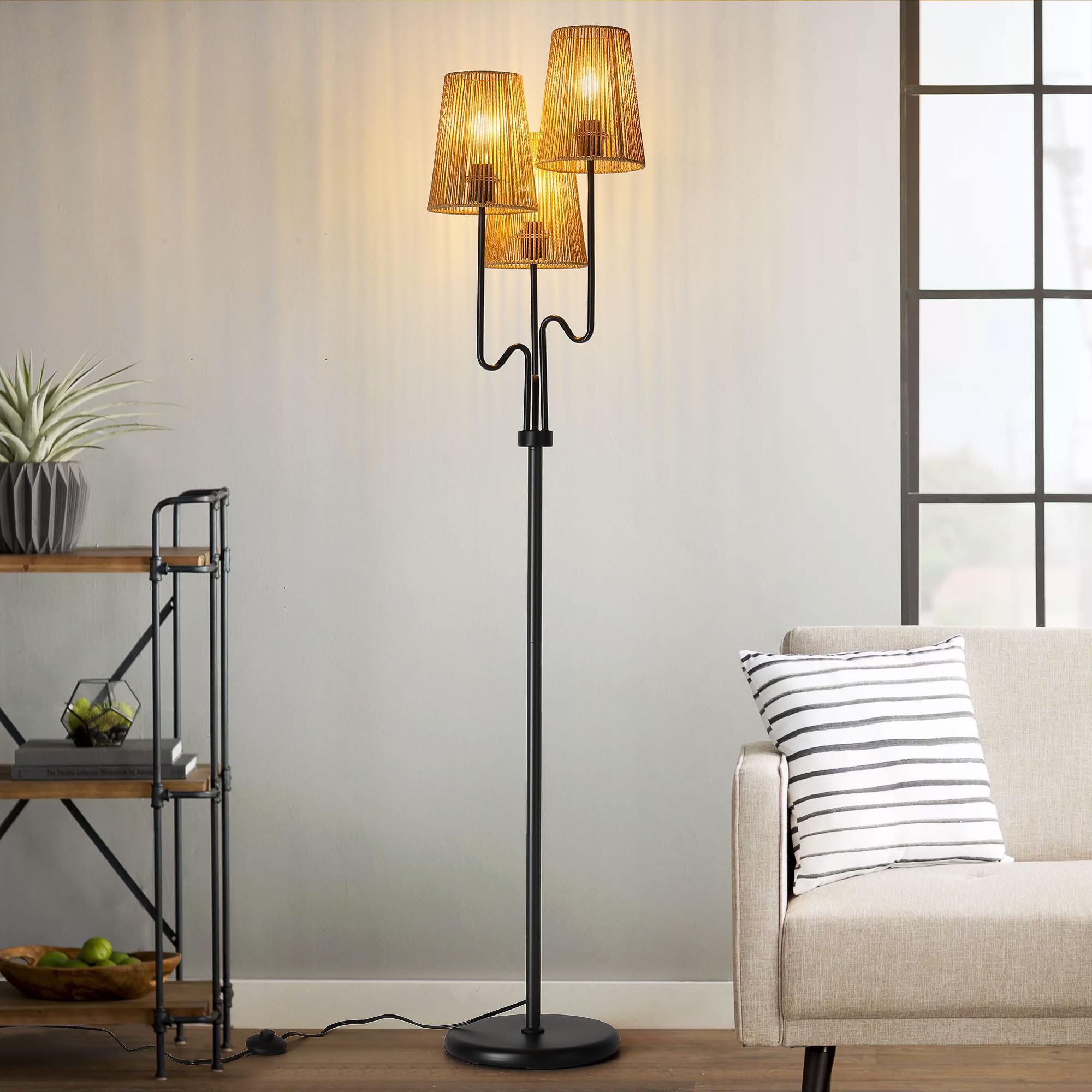 Boho Floor Lamp, 68in. Rattan Floor Lamp with Rattan Shade,3 Light Tree Standing Lamp for Bedroom,Nursery,E26 Socket, Living Room Floor Lamp for Rustic,Beach or Bohemian Decor