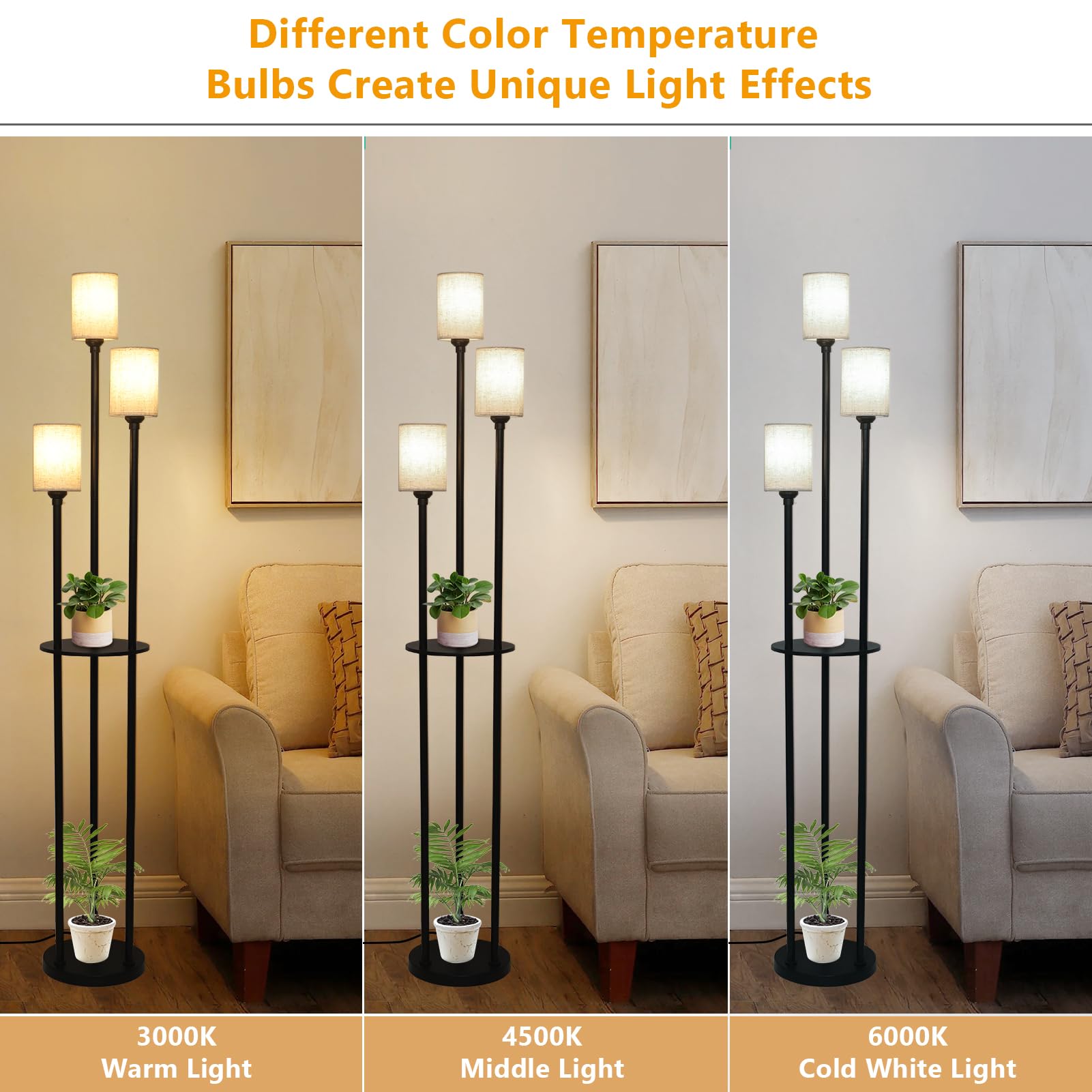 Floor Lamp with Shelves, Modern Floor Lamps for Living Room, 3-Lights Standing Lamp with Linen Shade and Foot Switch, Industrial Standing Lamps for Bedroom, Black Tall Table Lamp for Office 