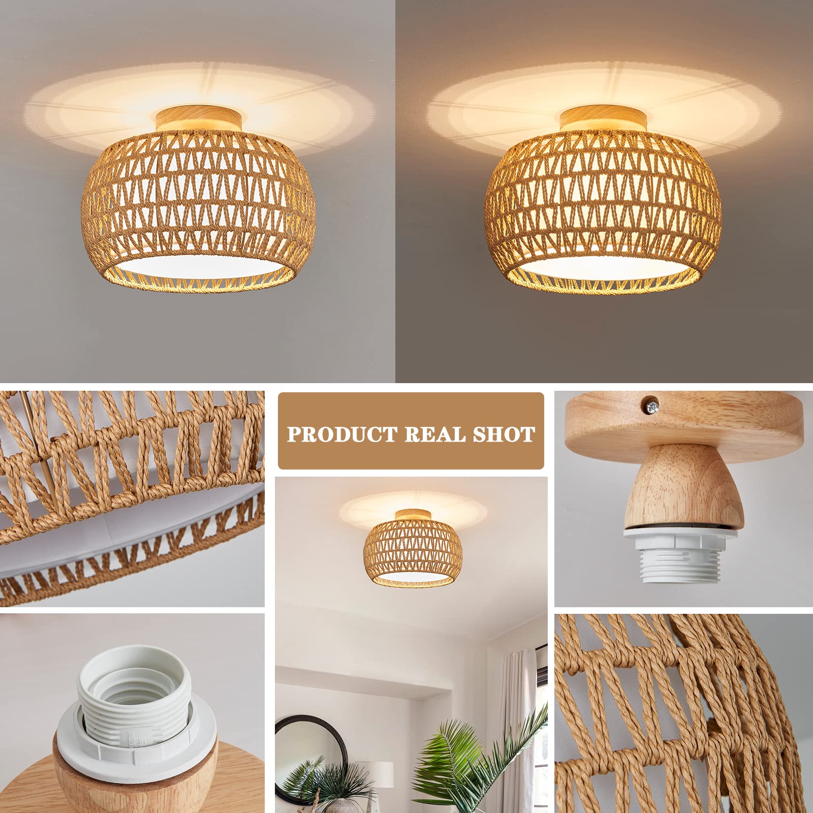 Rattan Ceiling Light Fixtures, Hand-woven Boho Flush Mount Ceiling Light, Handmade Rattan Light Fixtures Ceiling Mount with Fabric Shade, Farmhouse Light Fixture for Bedroom Hallway Entryway