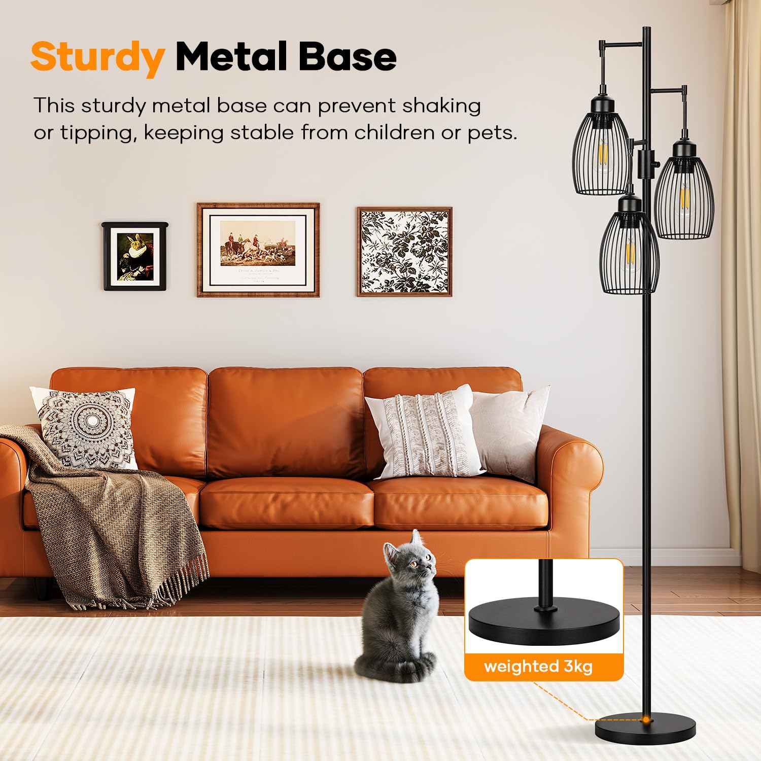 Dimmable Floor Lamp,Farmhouse Industrial Floor Lamp Standing Tree Lamp with Elegant Teardrop Cage Tall Lamps for Living Room Bedroom Office Dining Room 