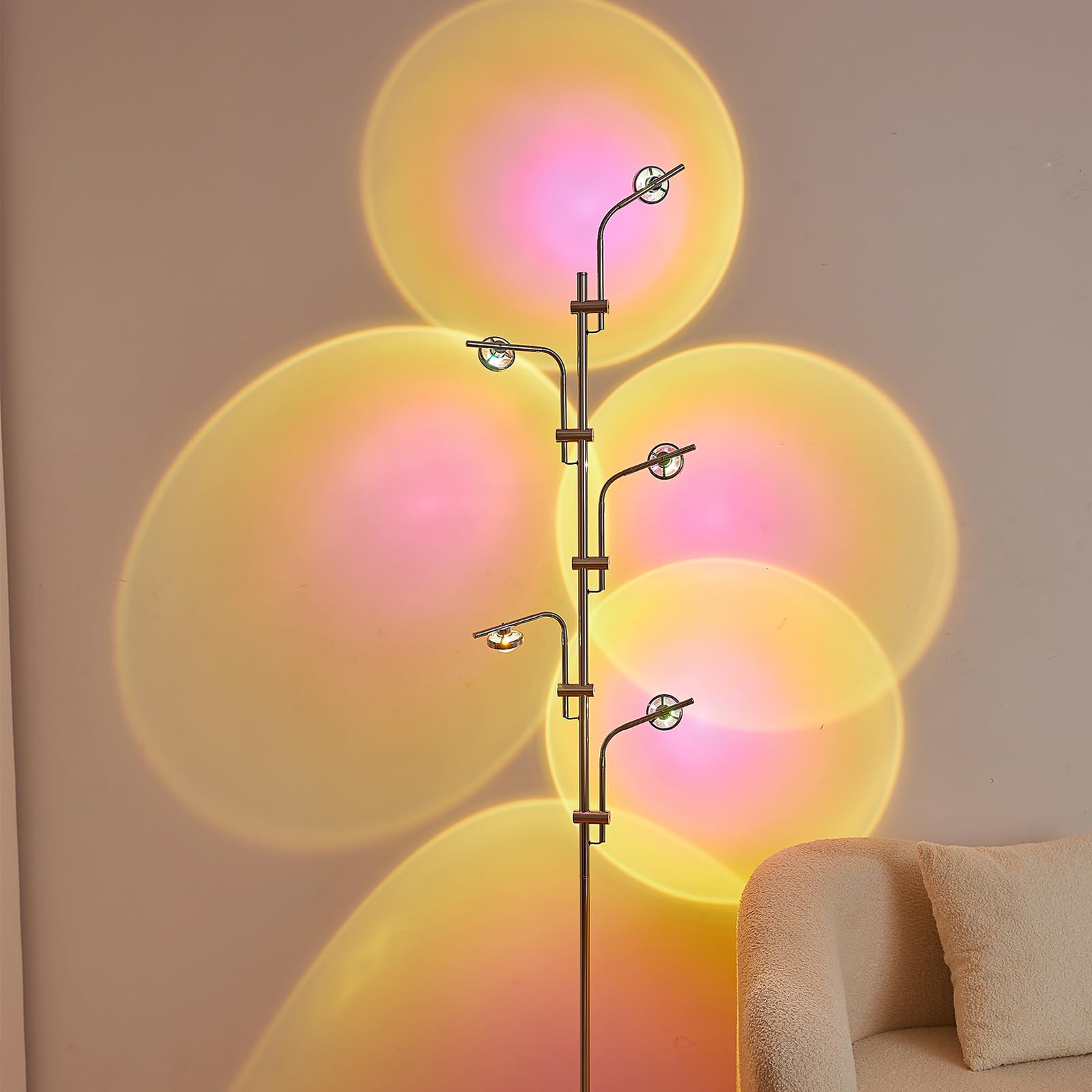  Halo Projector Floor Lamp, 4000K LED 5 Multi Head Floor Lamp, Replaceable Color Filters Sunset Lamp, Funky Floor Lamp for Ambient Lighting in Living Rooms, Bedrooms and Dining Rooms