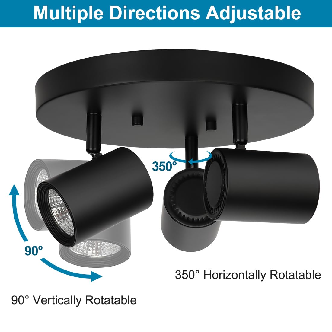 5CCT 3-Light Multi Directional LED Track Light, 3 Head Semi Flush Mount Ceiling Light, 2700/3000/3500/4000/5000K Selectable, 15W Dimmable Black LED Ceiling Spotlight for Kitchen, Hallway