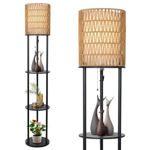 Floor Lamp with Shelves, Corner Floor Lamps for Living Room, Boho Floor Lamp with Double Shades, Rattan Standing Lamp for Bedroom Office, Shelf Tall Floor Lamp for Storage Display