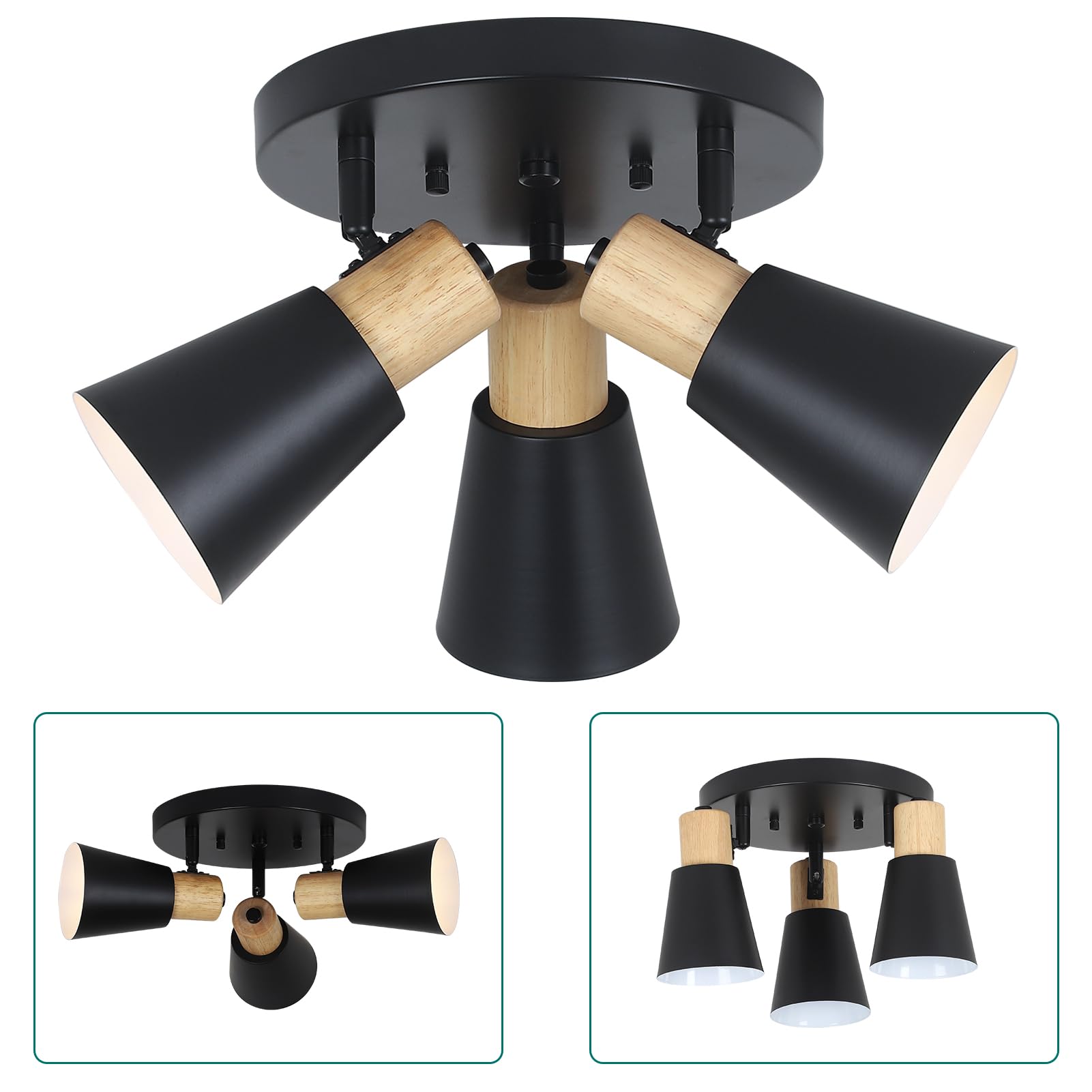 Industrial Flush Mount Ceiling Light Fixture, 3-Lights Multi-Directional Rotating Ceiling Lamp, Metal Black Kitchen Light Fixtures Ceiling Mount, Vintage Bedroom Ceiling Lights
