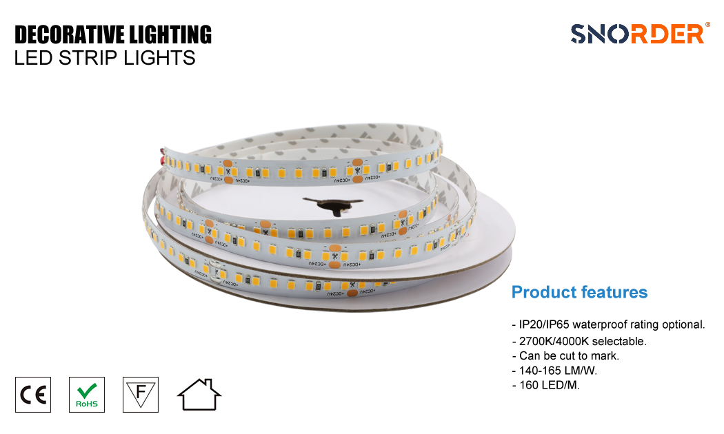 1. 14.4W high-efficiency LED strip 2835SMD 2700K 4000K optional, 5m per roll 10m per roll outdoor light belt 160LED per meter