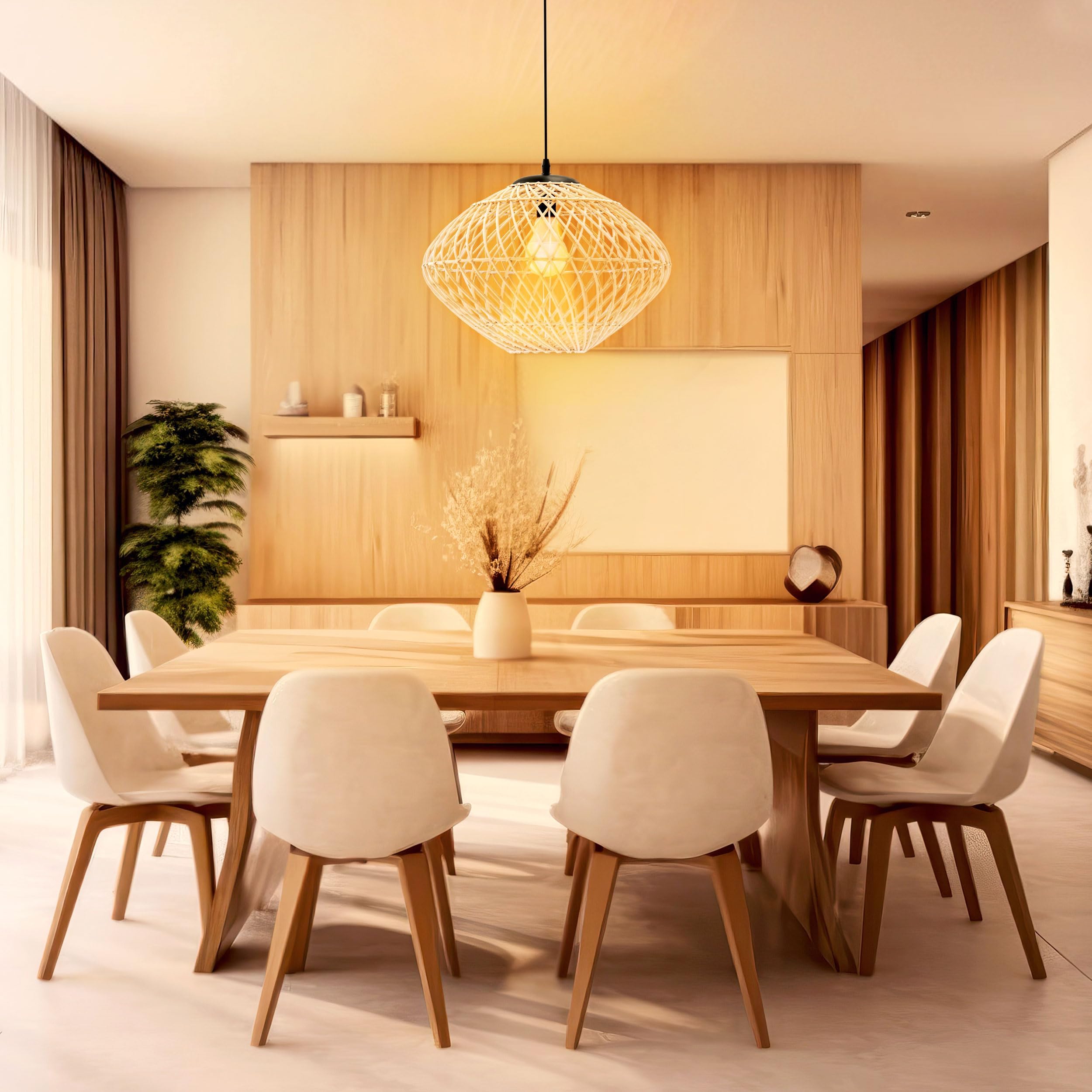 15.7” Large Rattan Chandelier for Dining Room - Boho Light Fixture Kitchen Island - Rattan Pendant Light for Bedroom - Coastal Pendant Light - Rattan Basket Light Fixture - Wicker Chandelier 