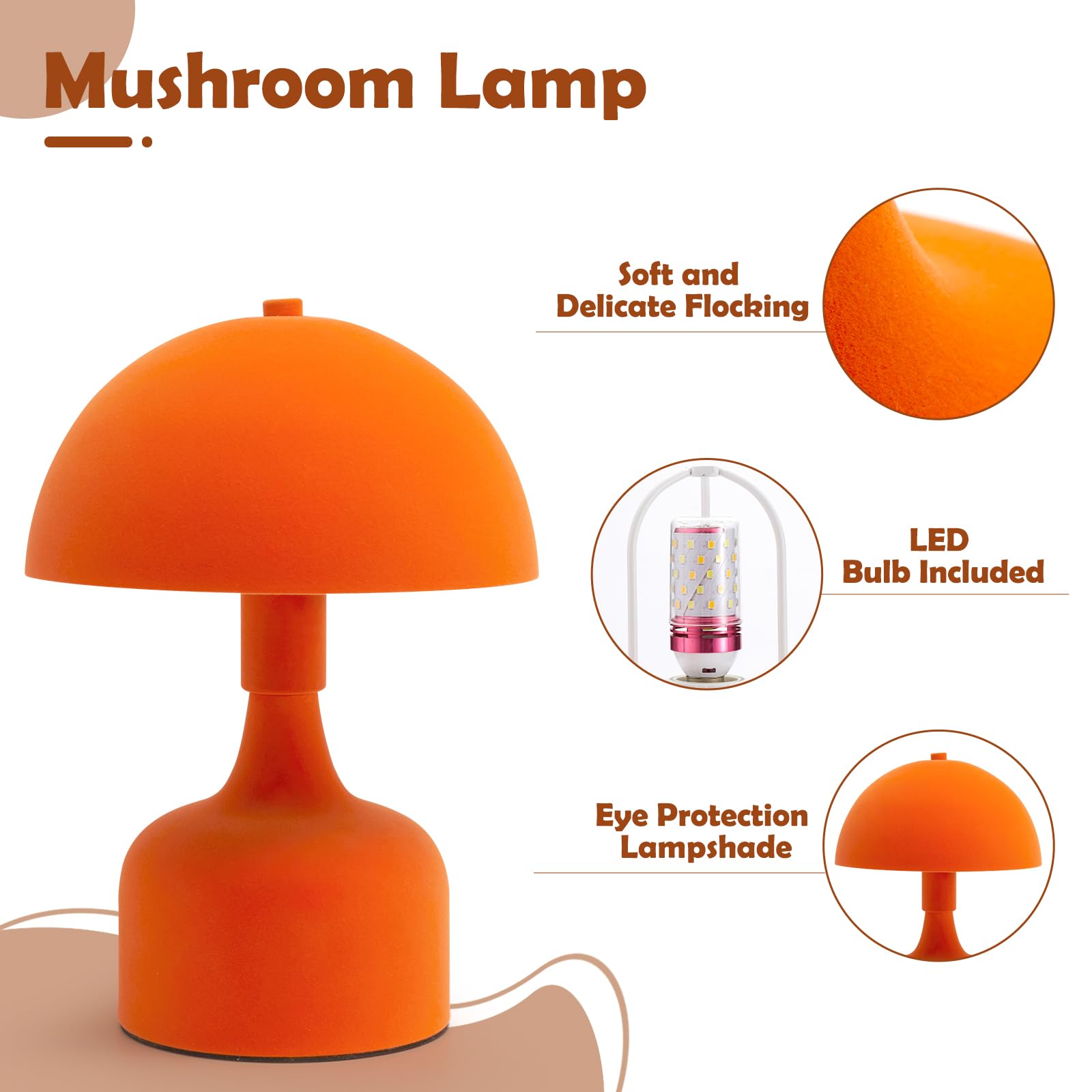 Mushroom Lamp Bedside Table Lamp,Flocking Table Lamp,Aesthetic Modern Lighting for Bedroom Retro Living Room Decor,Button Control Table Lamp for Birthday Christmas Gifts（Orange） ﻿ 