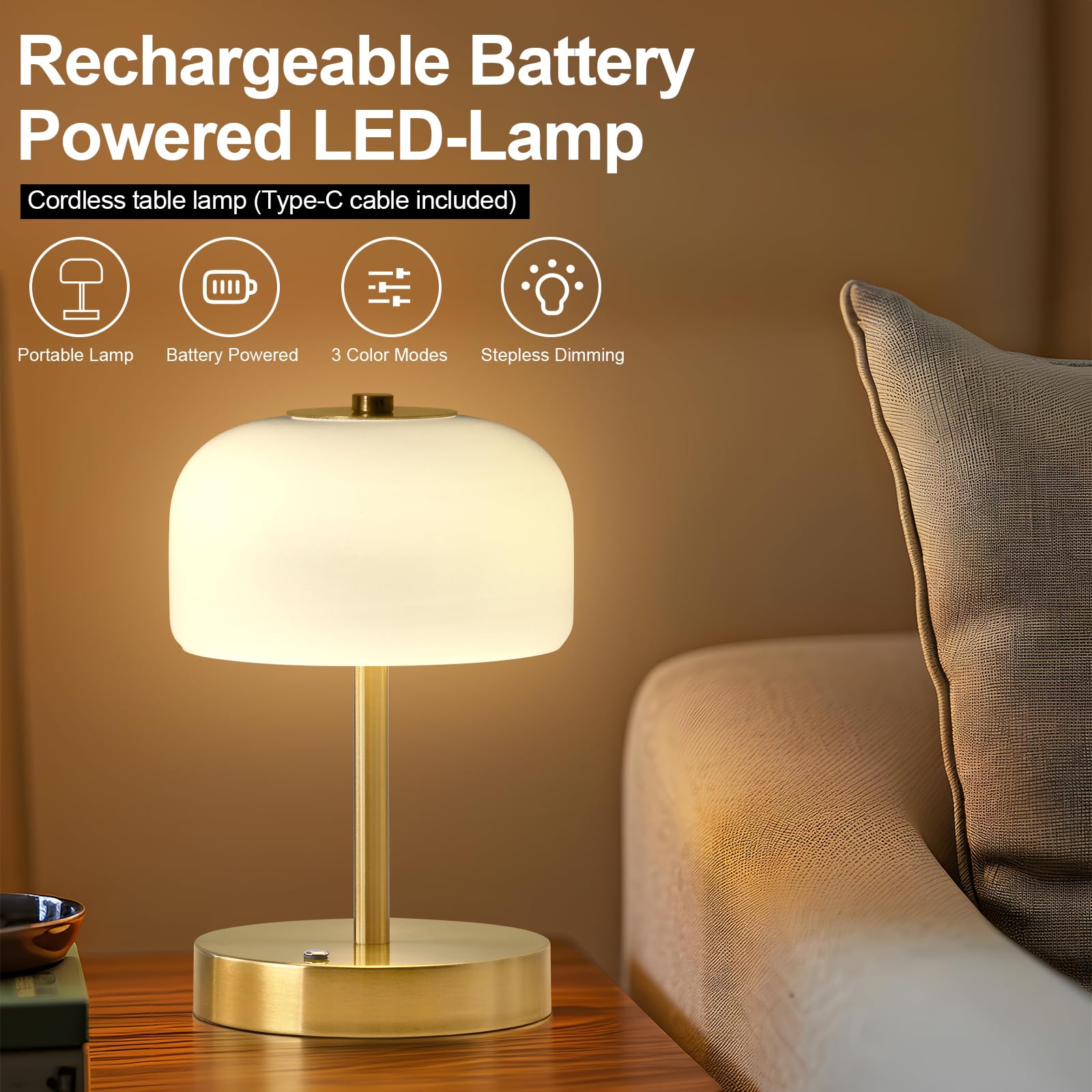 Cordless Table Lamp Rechargeable Battery Operated Mushroom lamp Opal Glass Shade 3 Way Dimmable LED Touch Outdoor Lamp for Camping Bedroom Dining Living Room Beside Patio Restaurant,Black 