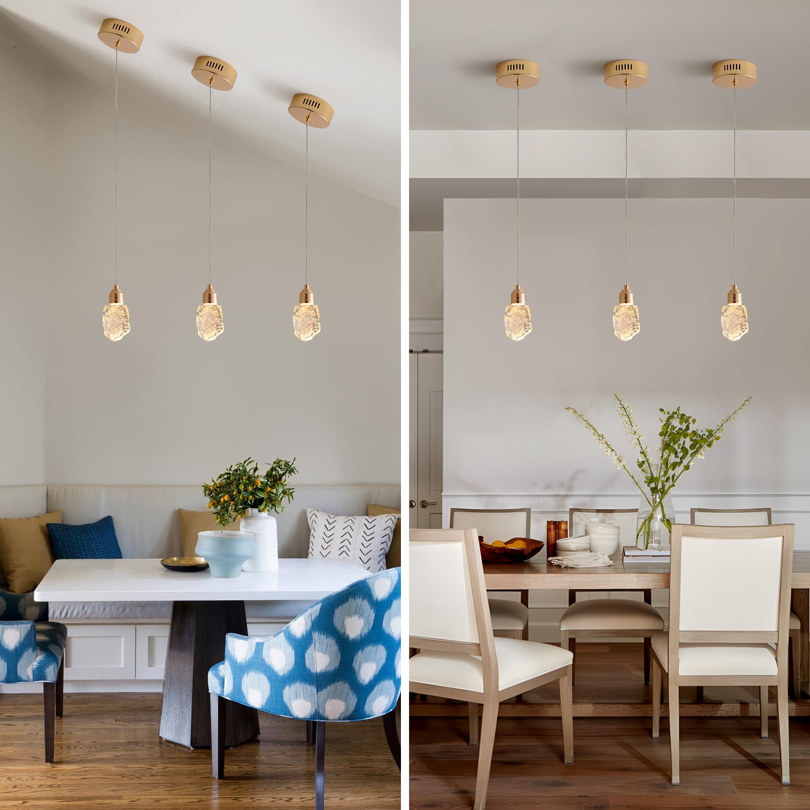 Modern Gold Pendant Light Fixtures, Crystal Pendant Lights with 3-Color, Pendant Lights for Kitchen Island, Restaurants, Dining Room, Bedrooms 