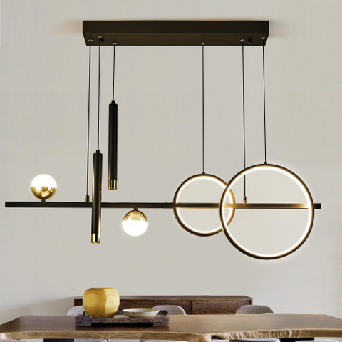 39" Modern Linear LED Chandelier, Dimmable LED Kitchen Island Pendant Light with Remote Control, Black and Gold Modern Chandelier for Dining Room