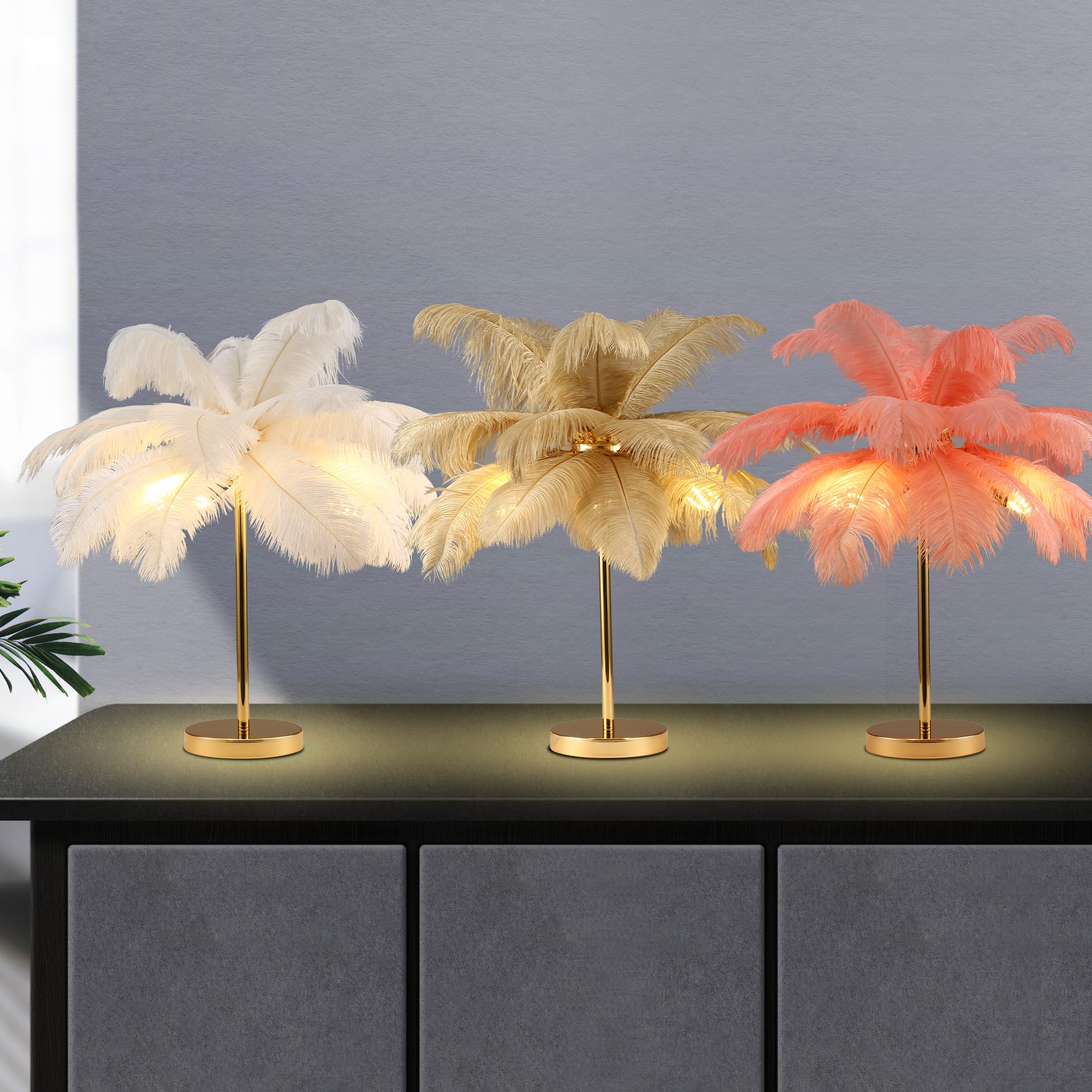  Ostrich Feather Table Lamp with Plug in Wire Modern Feather Lamp 3-Light Bedside Table Lamp for Living Room, Bedroom and Office 24” Tall Feather Desk Lamp