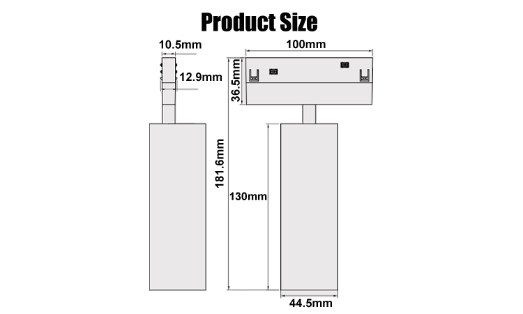8. Product size line drawing L100W45H181.6mm China-made LED modern track lamp aluminum +PC material 15W beam angle 24 degrees 36 degrees 60 degrees, IP20 indoor lighting