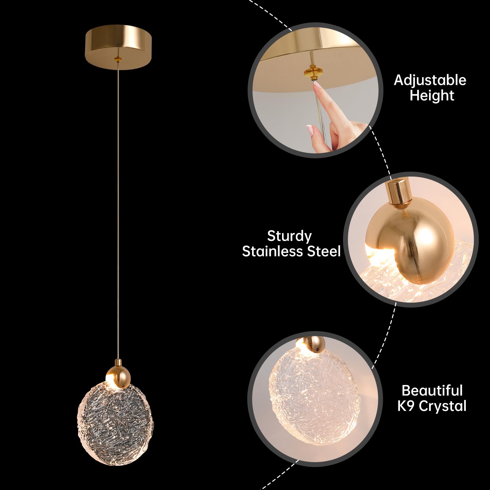 Crystal Pendant Lights for Kitchen Island, Gold Pendant Lights Kitchen Island with 3-Color Lights, Island Lights for Kitchen, Kitchen Island, Dining Room, Bedrooms 