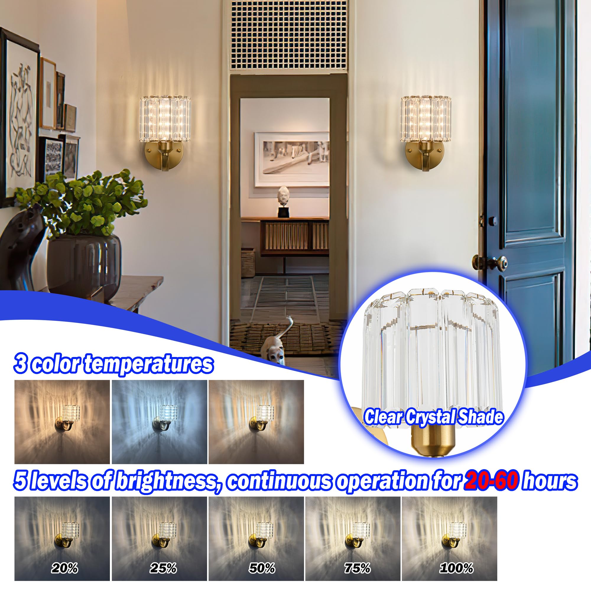 Wall Sconces Battery Operated Wall Lights Set Of Two, Wireless Rechargeable Wall Sconces With 10000mAh RGB Light Bulb, Crystal Wall Sconce With Remote Control For Bedroom