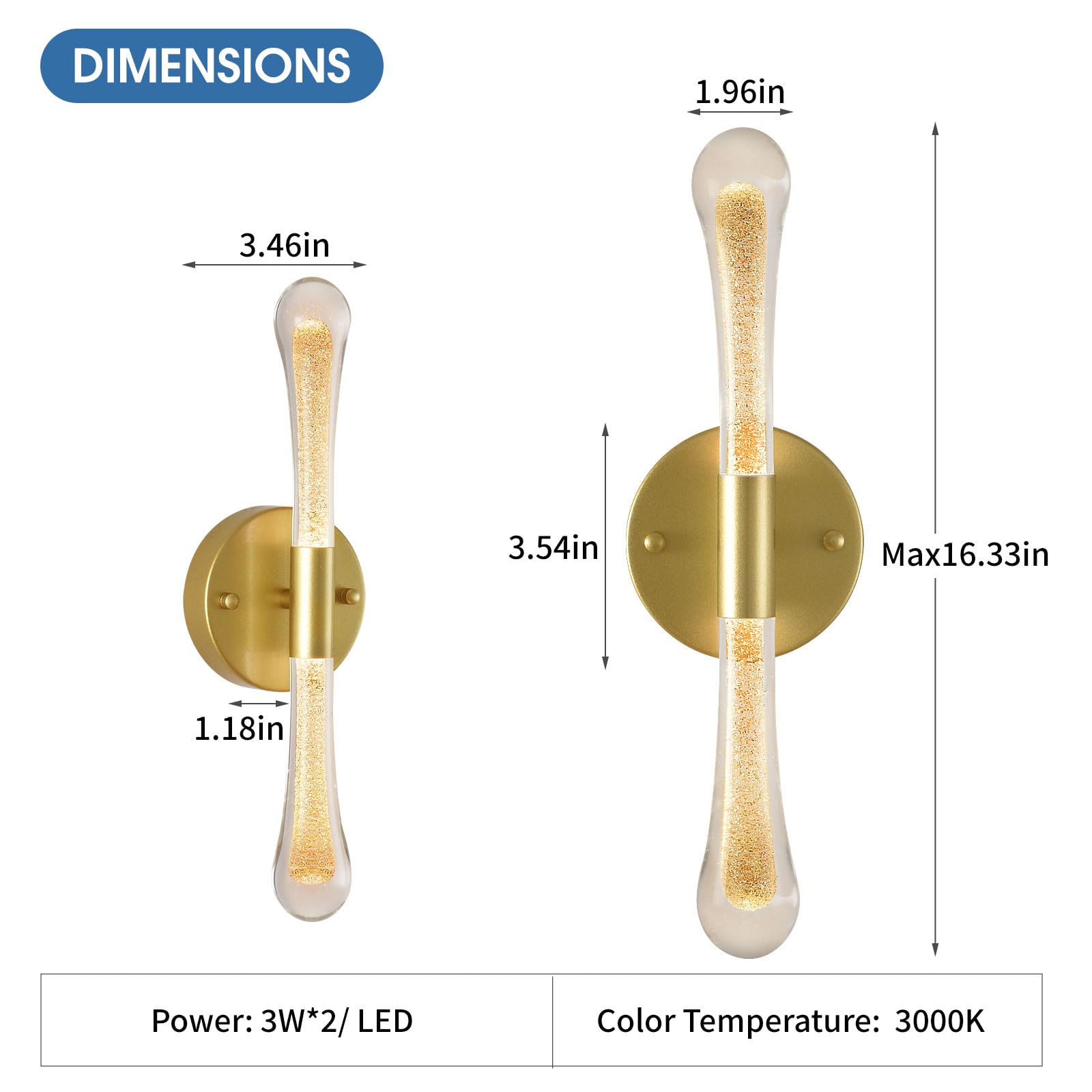  6W 3000K LED Gold Wall Sconce, Crystal Vanity Light with Bubble Crystal Modern Wall Sconce for Bedroom, Bathroom, Hallway,Living Room,Stair,Corridor Kitchen 