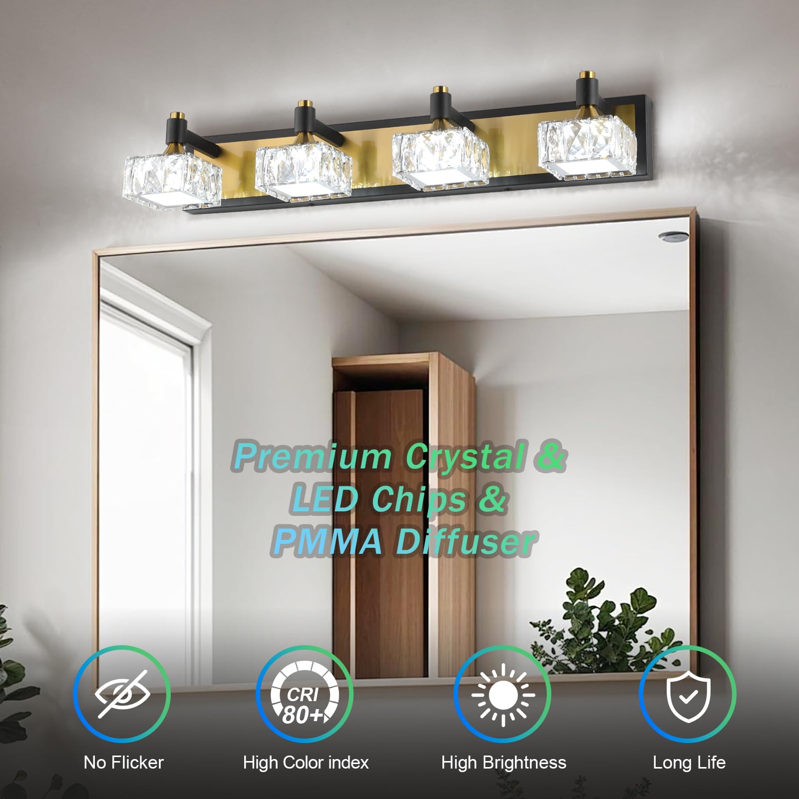 4 Light Bathroom Vanity Light, LED 24W Bathroom Lighting Fixtures Over Mirror, Gold Black Bathroom Light Fixture, Wall Sconce Light with Crystal Shade, Bathroom Wall Light Fixtures, Day Light 