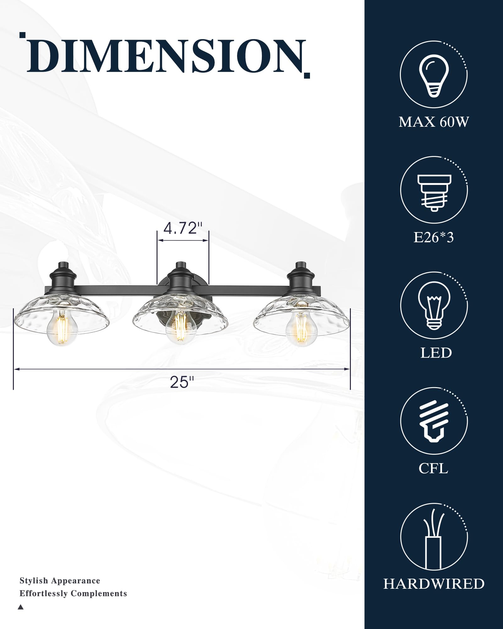 25 Inch Bathroom Light Fixtures Over Mirror, 3-Light Farmhouse Vanity Lights, Black Bathroom Lighting Fixtures with Clear Hammered Glass Shade for Bedroom, Living Room, Kitchen Sink