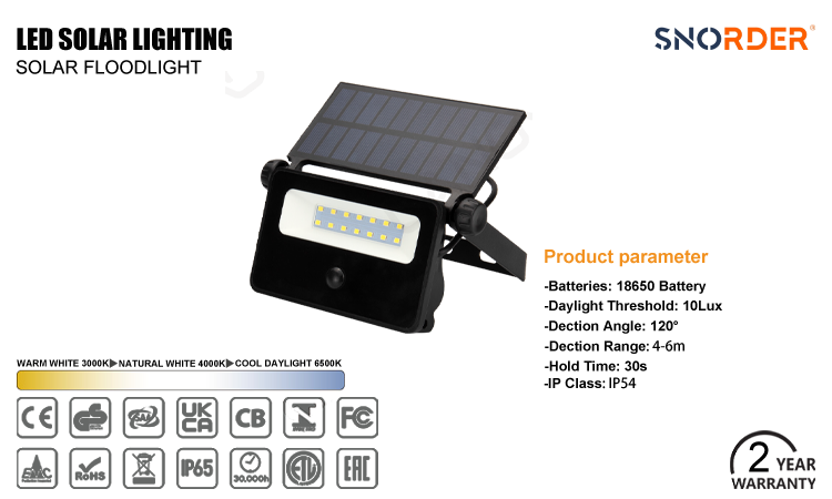 1. 2-year warranty China-made LED solar floodlight IP54 outdoor lighting ABS+ tempered glass material, button switch +PIR microwave sensor
